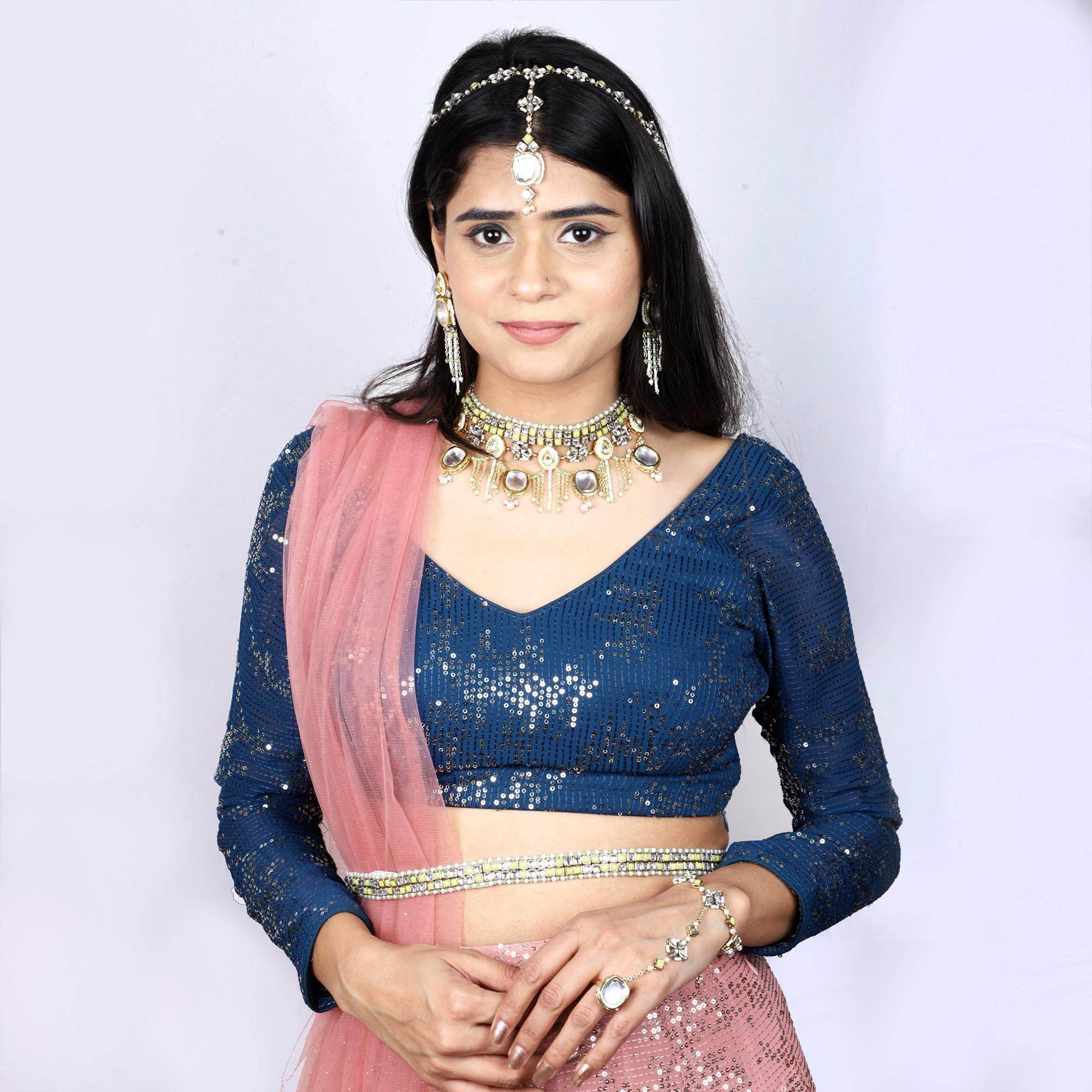 Minty Winty Full Set With Necklace, Earrings, Hathphool, Maangtikka & Waistbelt - BeAbhika.com