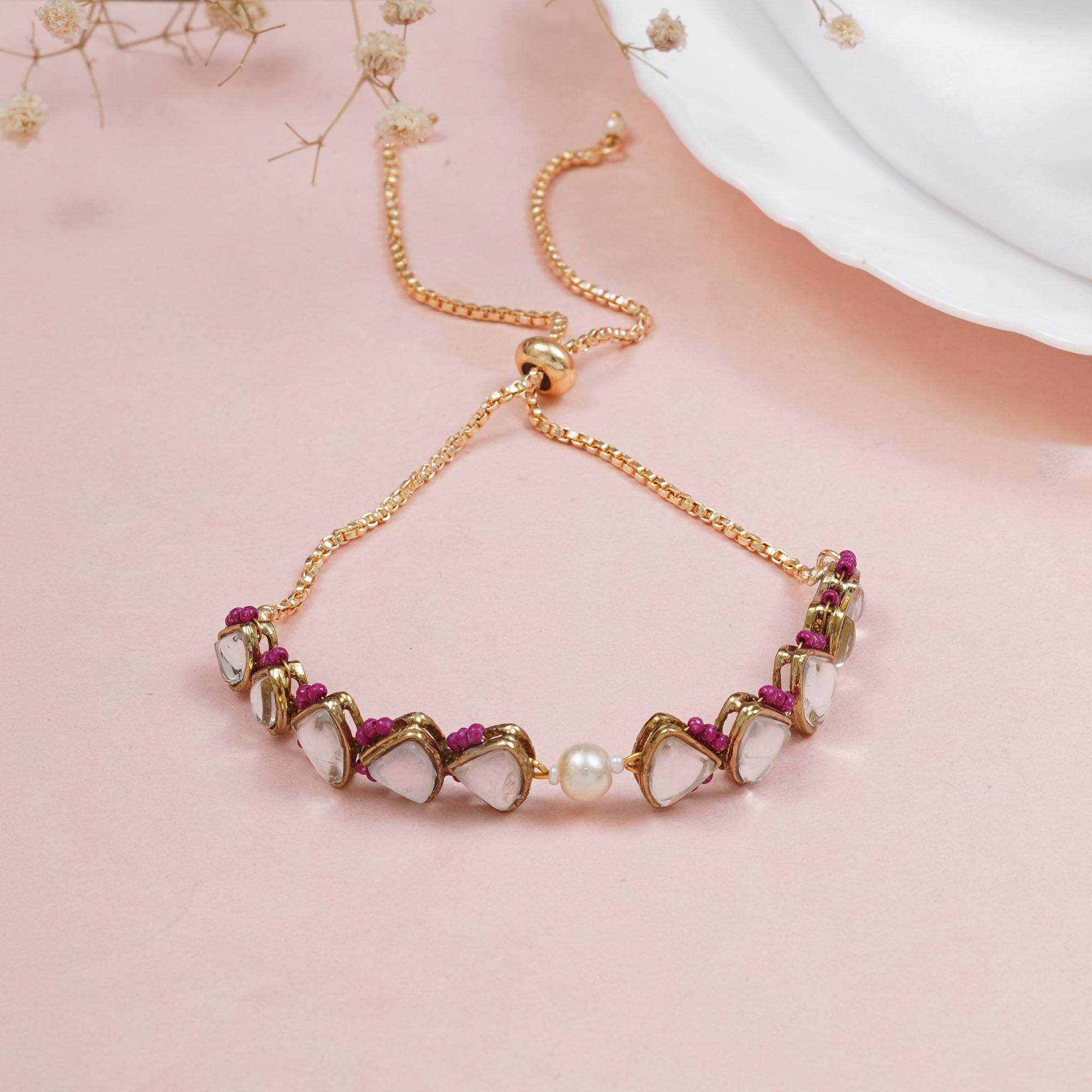Golden Triangle Kundan & White Pearl Adjustable Bracelet - BeAbhika.com