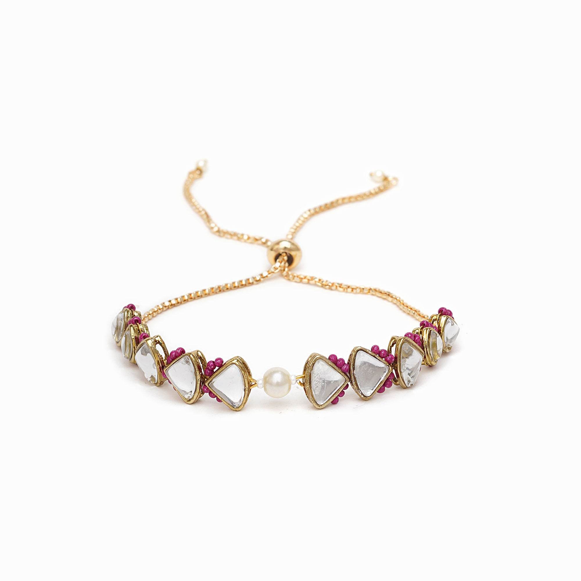 Golden Triangle Kundan & White Pearl Adjustable Bracelet - BeAbhika.com