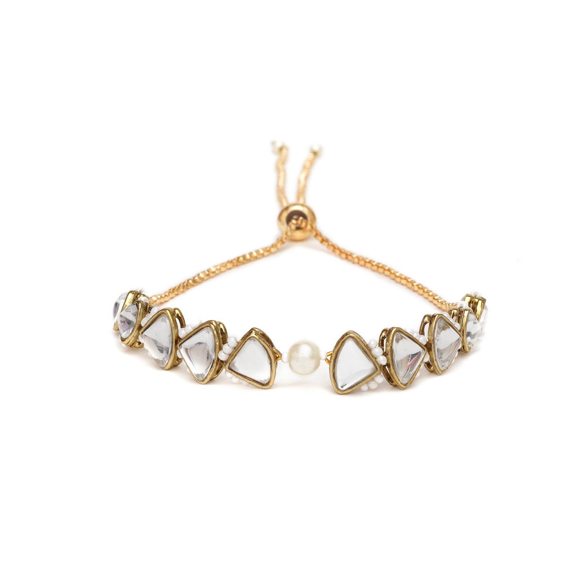 Golden Triangle Kundan & White Pearl Adjustable Bracelet - BeAbhika.com