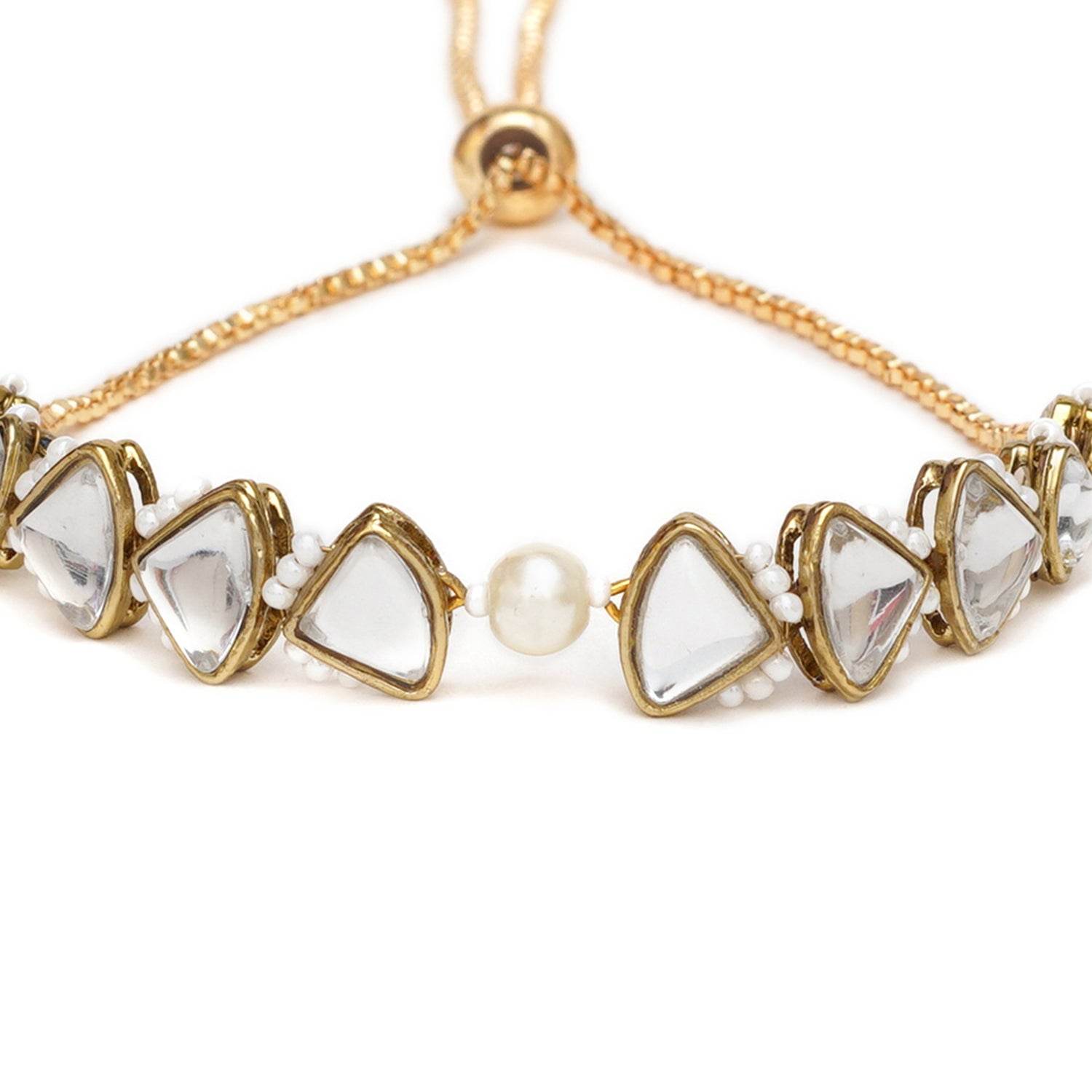 Golden Triangle Kundan & White Pearl Adjustable Bracelet - BeAbhika.com