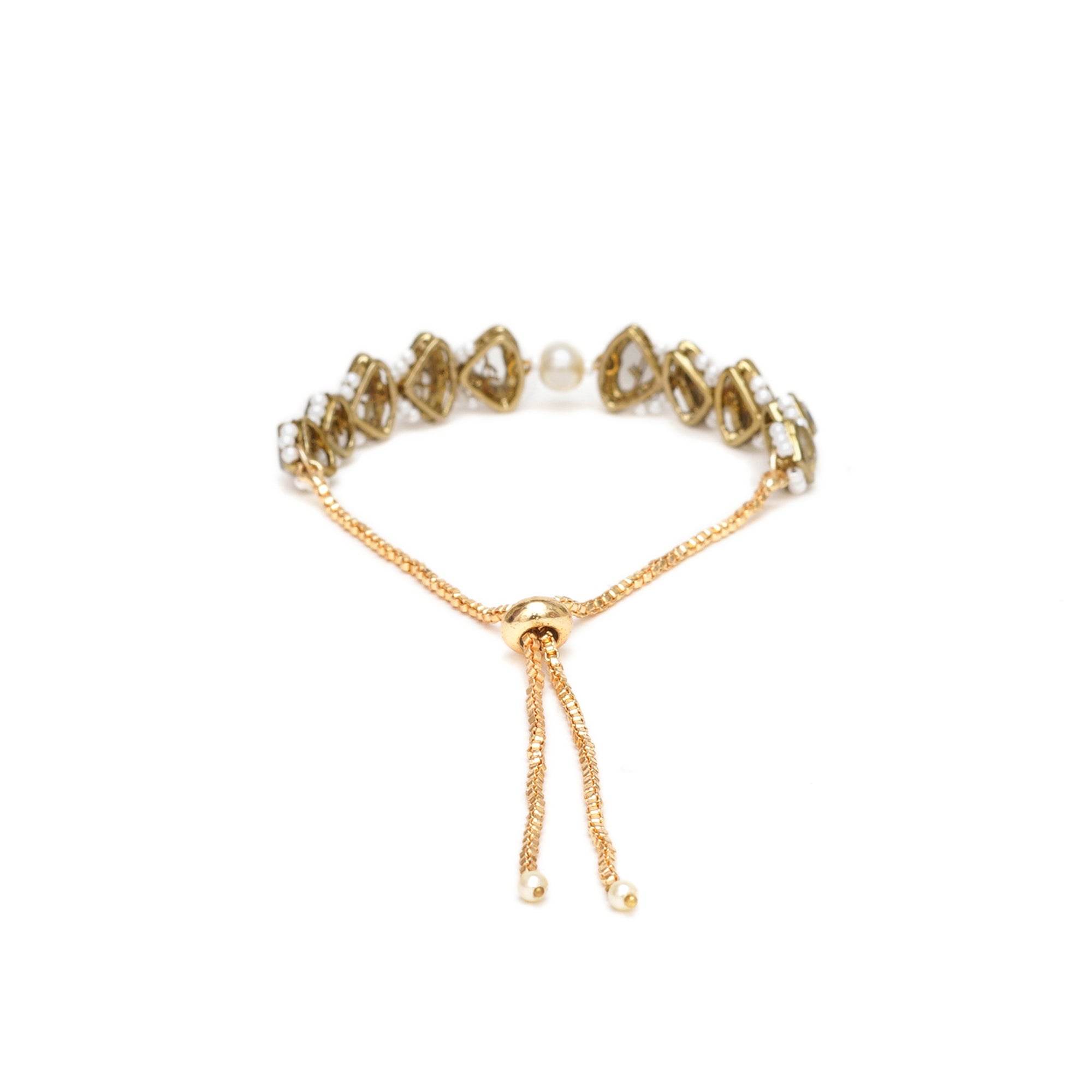 Golden Triangle Kundan & White Pearl Adjustable Bracelet - BeAbhika.com