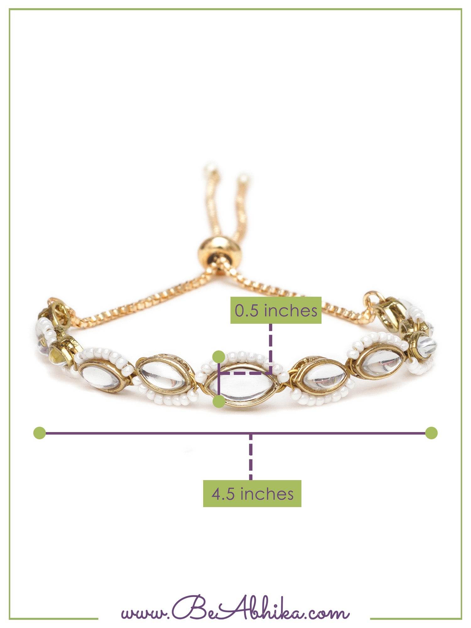 Golden Oval Shape Kundan & White Pearl Adjustable Bracelet - BeAbhika.com