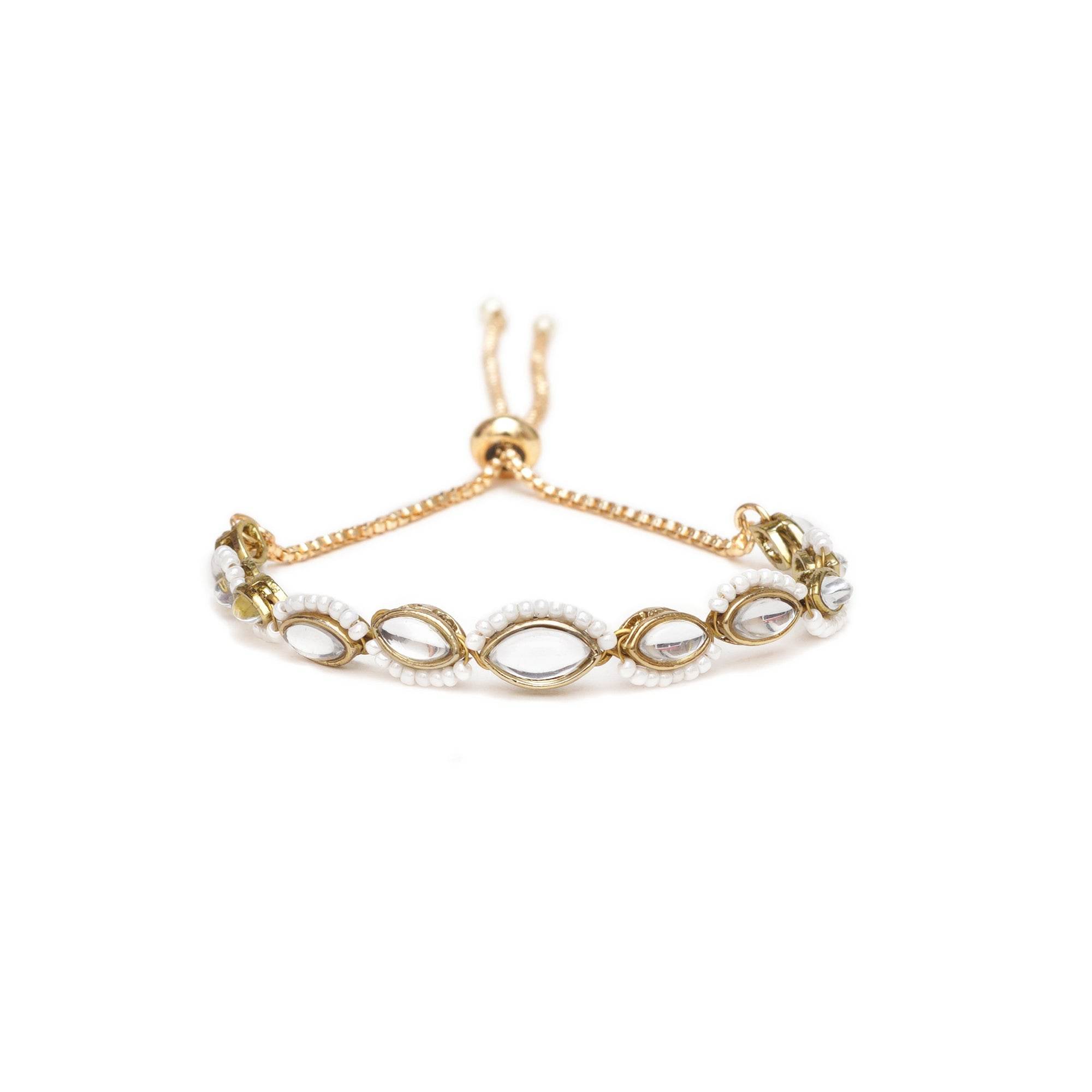 Golden Oval Shape Kundan & White Pearl Adjustable Bracelet - BeAbhika.com