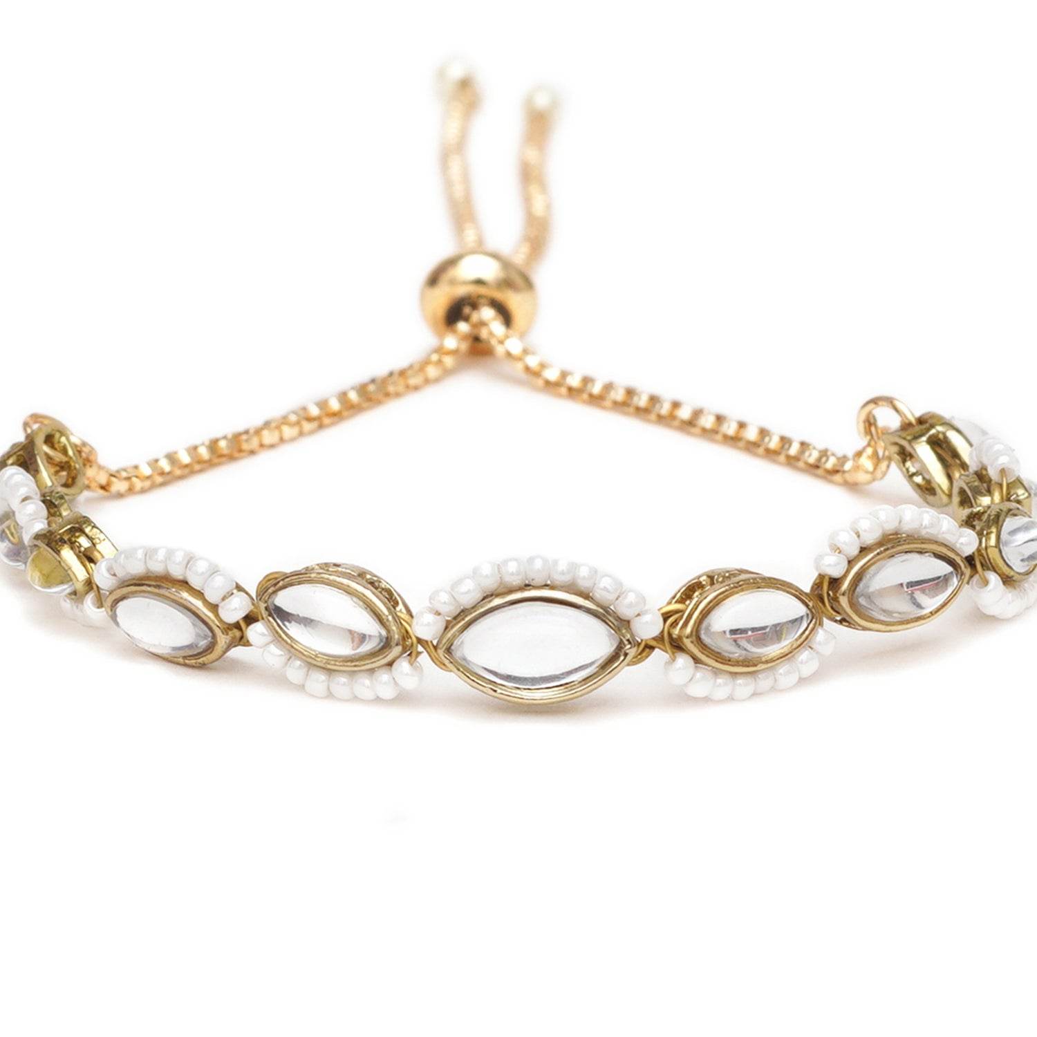 Golden Oval Shape Kundan & White Pearl Adjustable Bracelet - BeAbhika.com