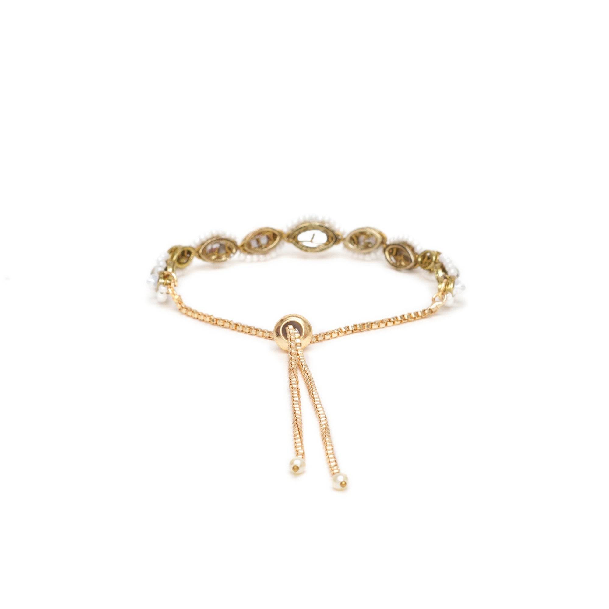 Golden Oval Shape Kundan & White Pearl Adjustable Bracelet - BeAbhika.com