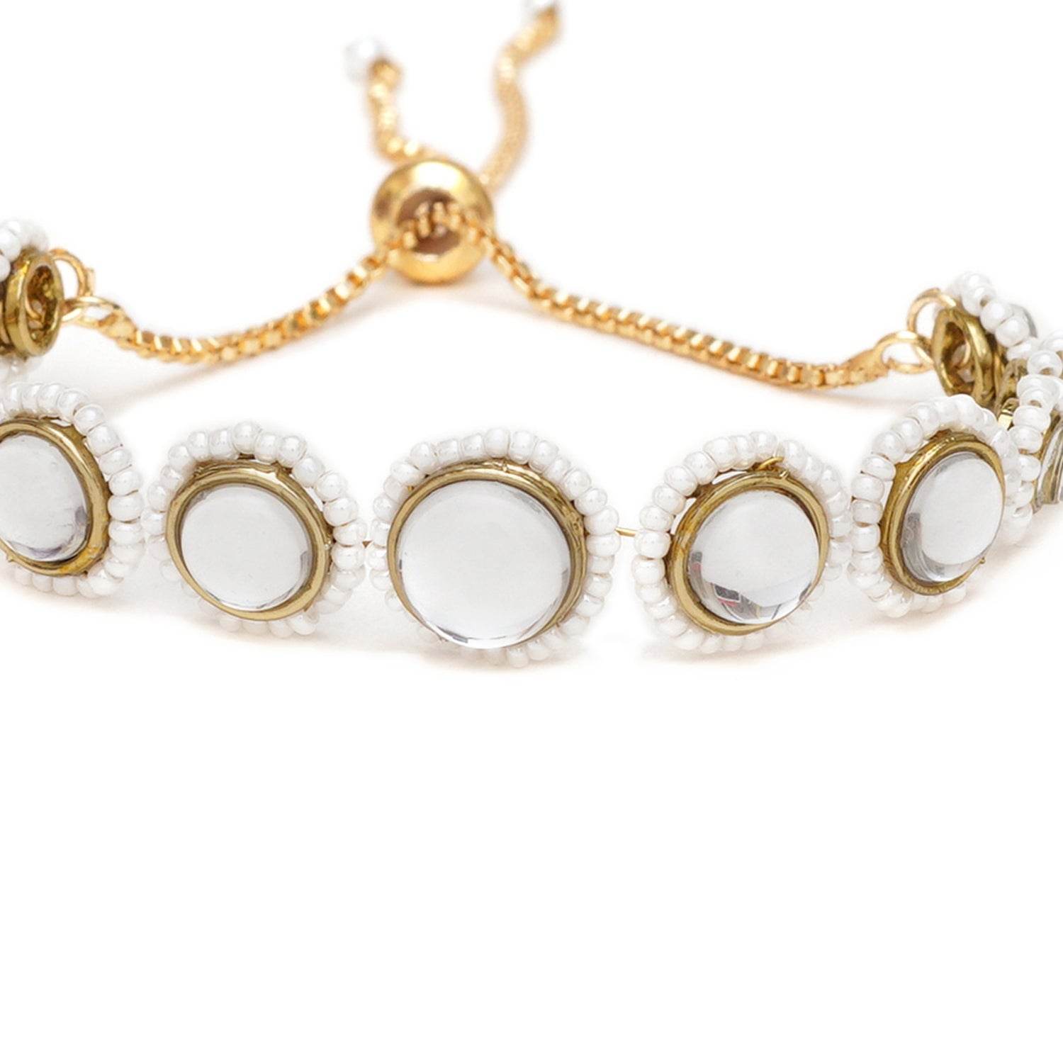 Golden Circular Kundan With White Pearls Adjustable Bracelet - BeAbhika.com
