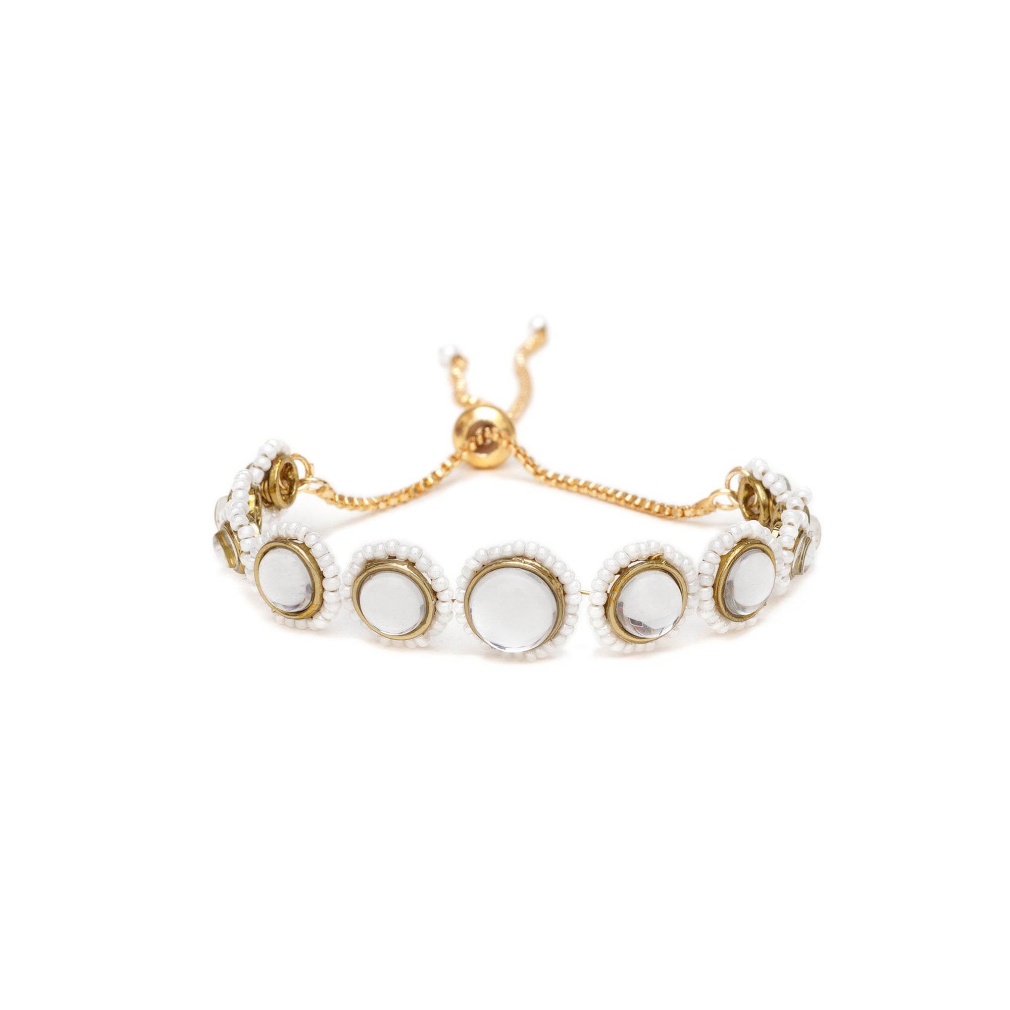 Golden Circular Kundan With White Pearls Adjustable Bracelet - BeAbhika.com