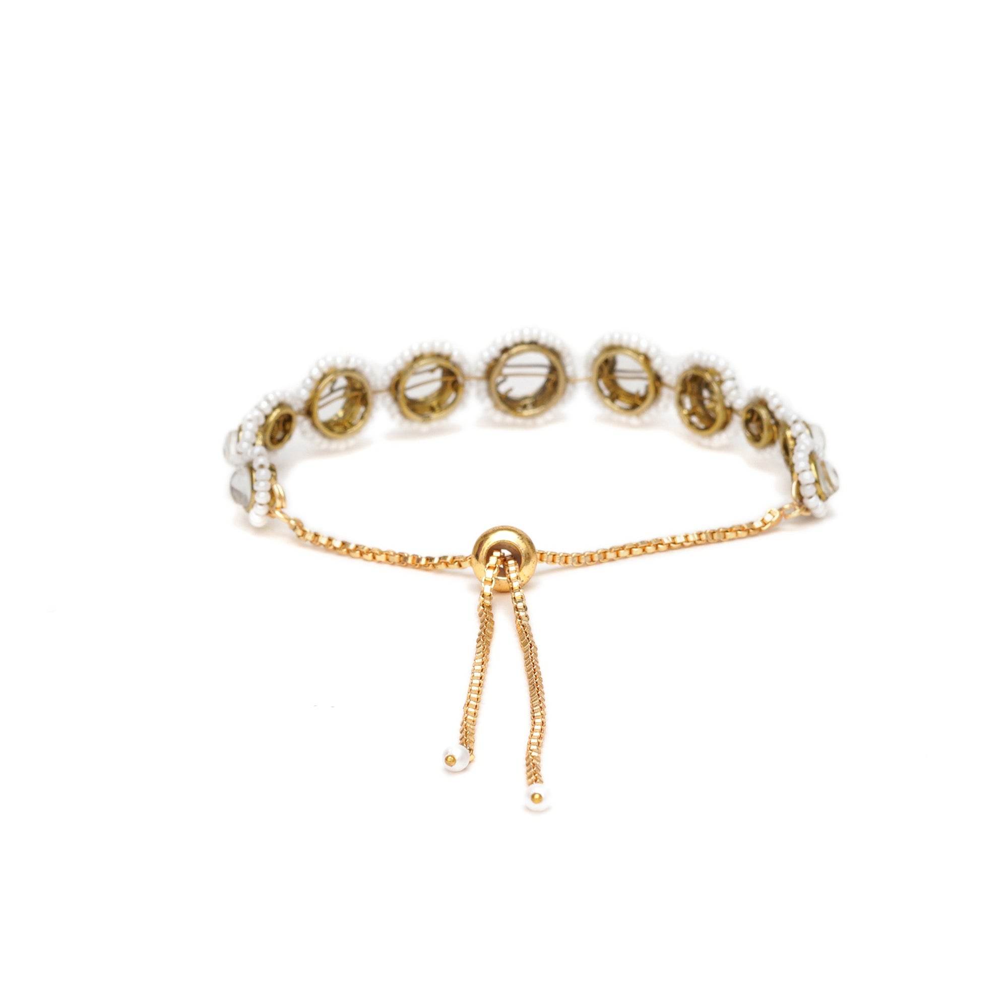 Golden Circular Kundan With White Pearls Adjustable Bracelet - BeAbhika.com