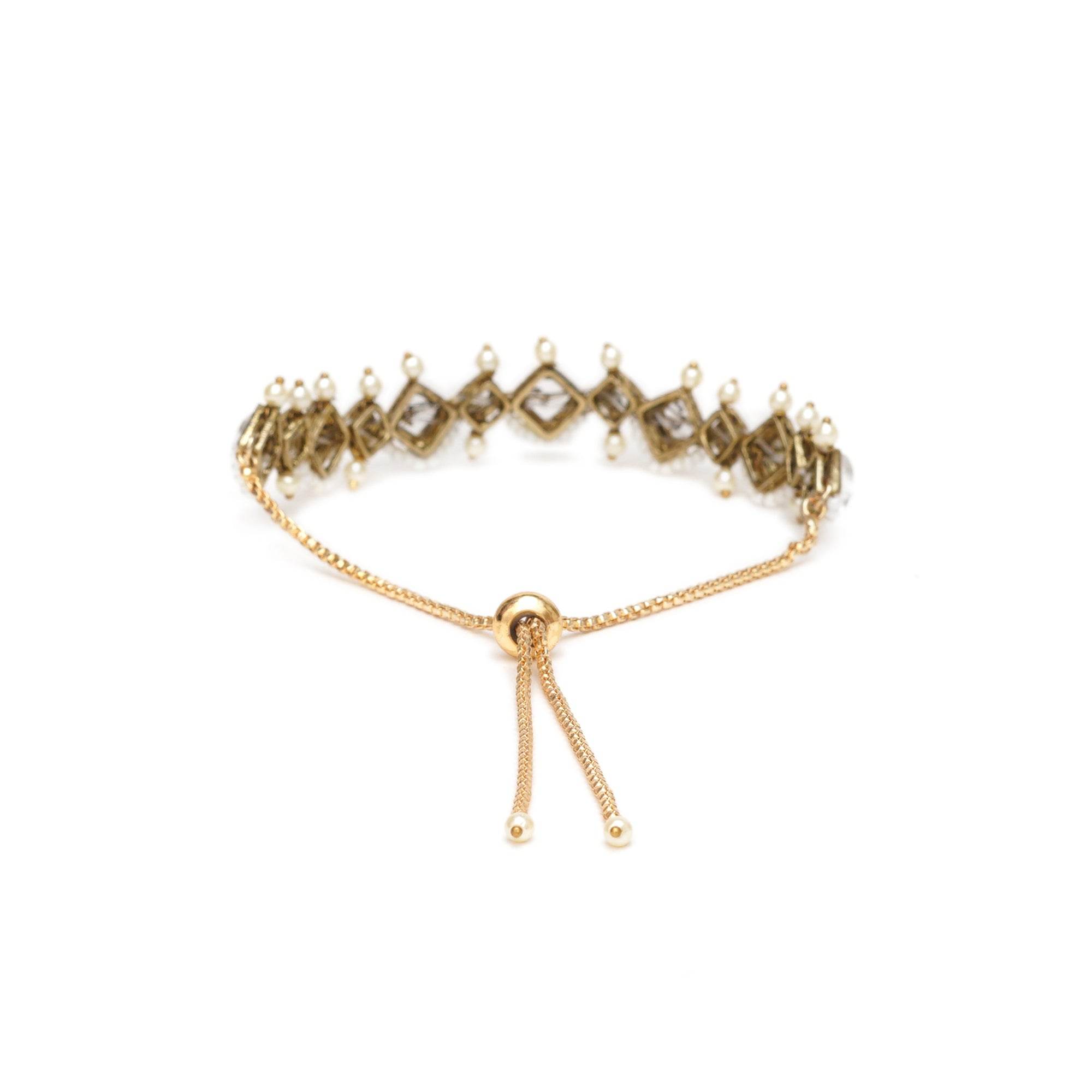 Golden Kite Shaped Kundan With White Pearls Adjustable Bracelet - BeAbhika.com