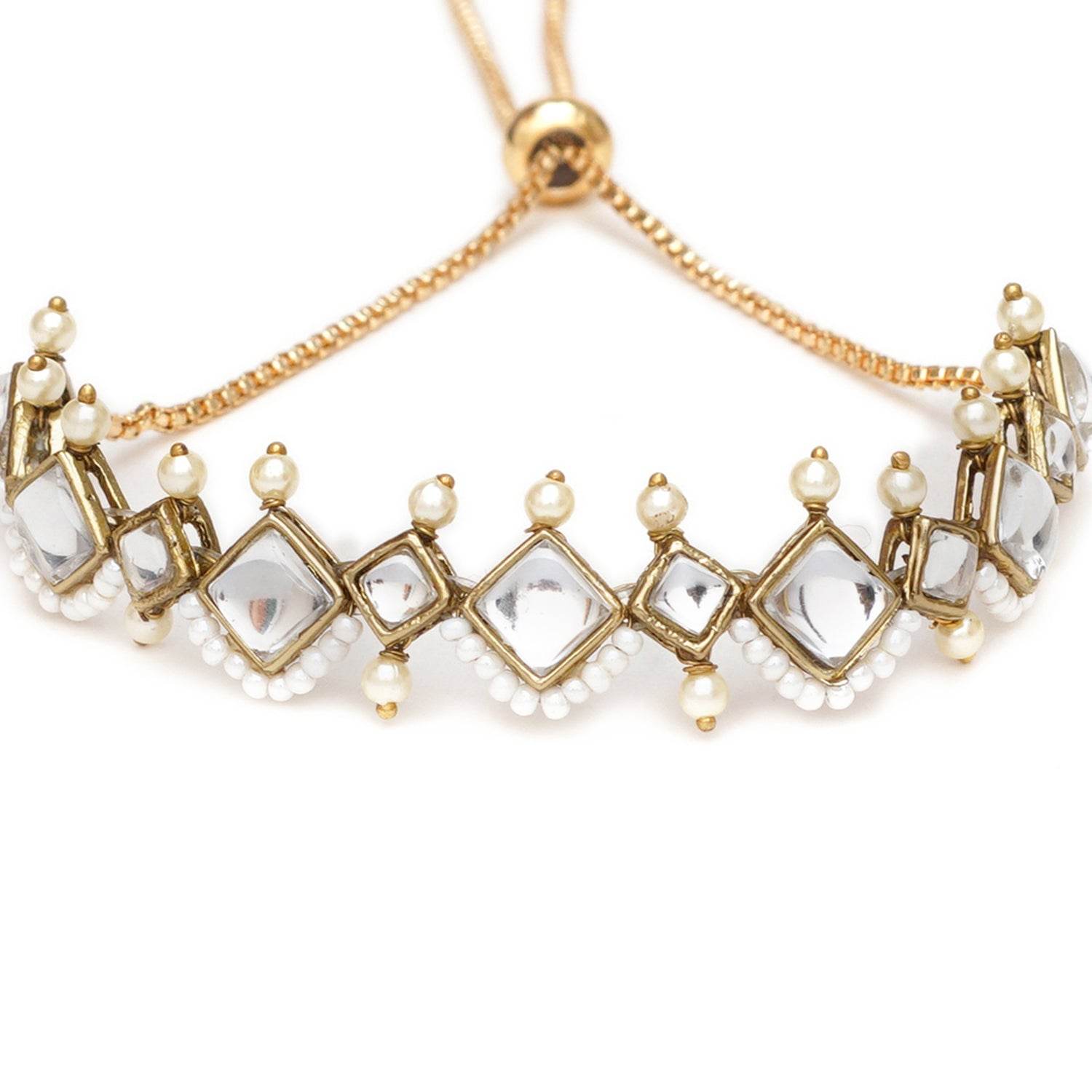 Golden Kite Shaped Kundan With White Pearls Adjustable Bracelet - BeAbhika.com