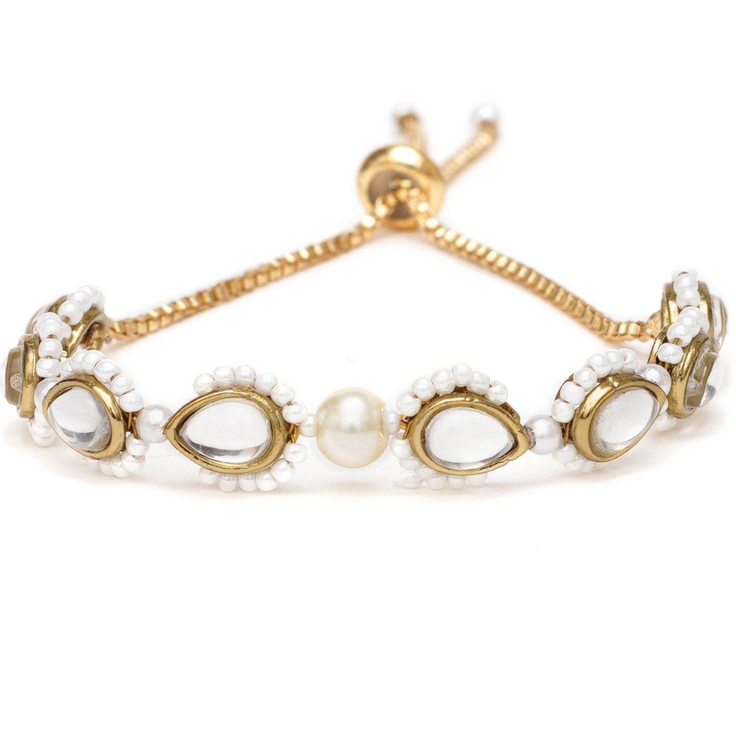 Golden Tilak Kundan With White Pearls Adjustable Bracelet - BeAbhika.com