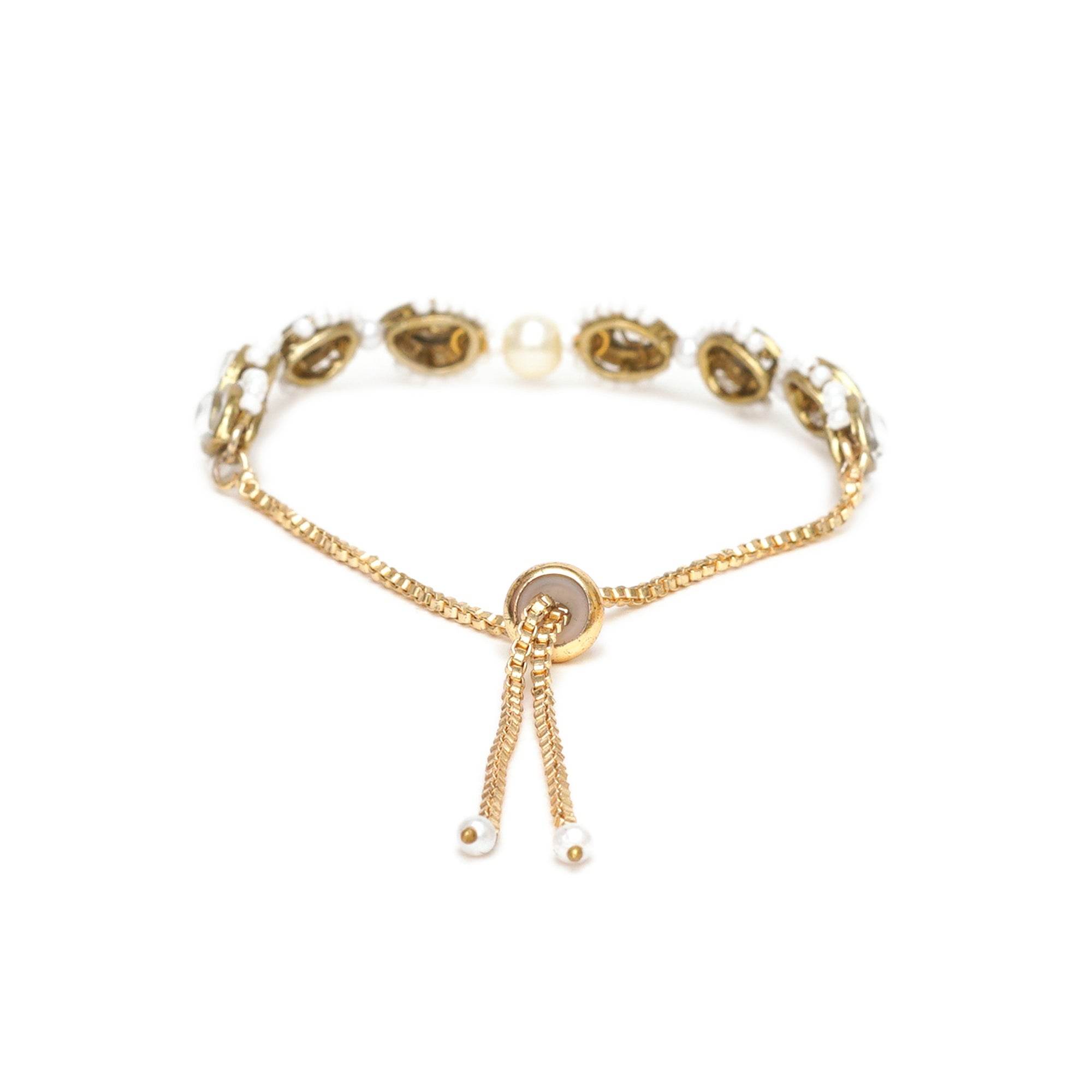 Golden Tilak Kundan With White Pearls Adjustable Bracelet - BeAbhika.com