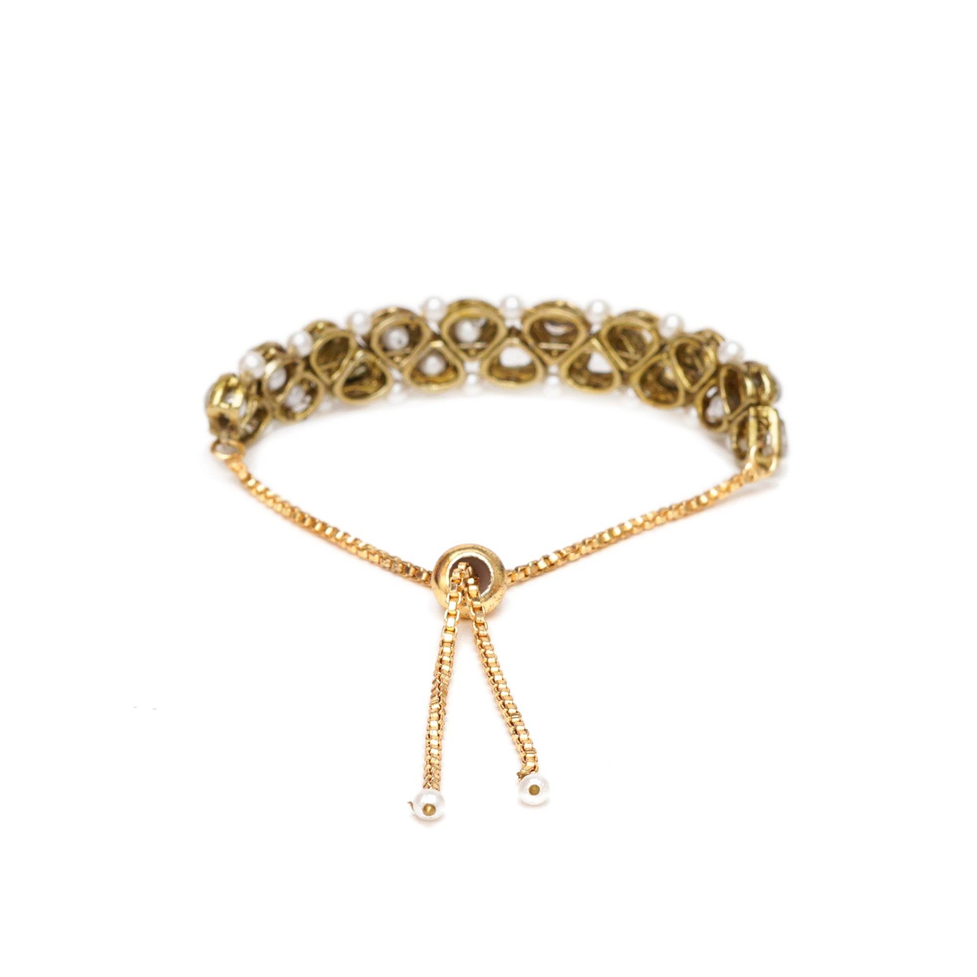 Golden Triangle Kundan With White Pearls Adjustable Bracelet - BeAbhika.com