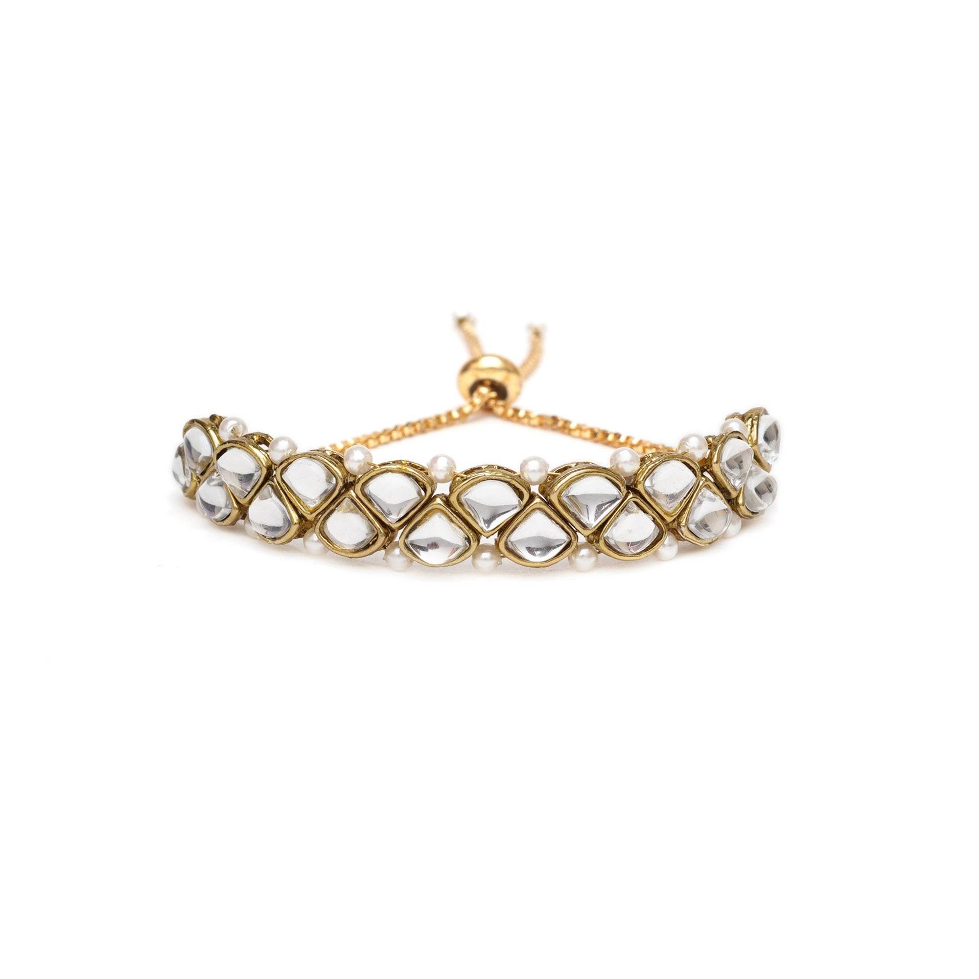 Golden Triangle Kundan With White Pearls Adjustable Bracelet - BeAbhika.com