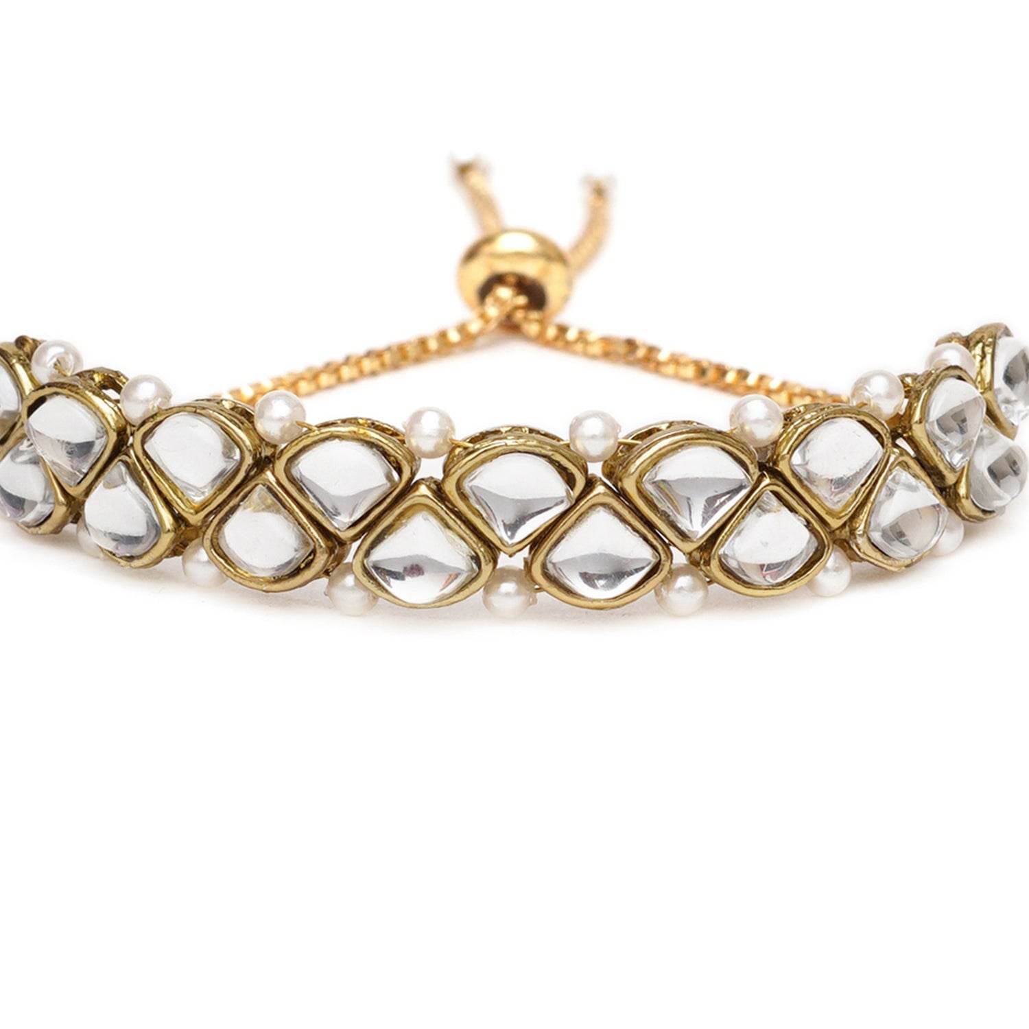 Golden Triangle Kundan With White Pearls Adjustable Bracelet - BeAbhika.com