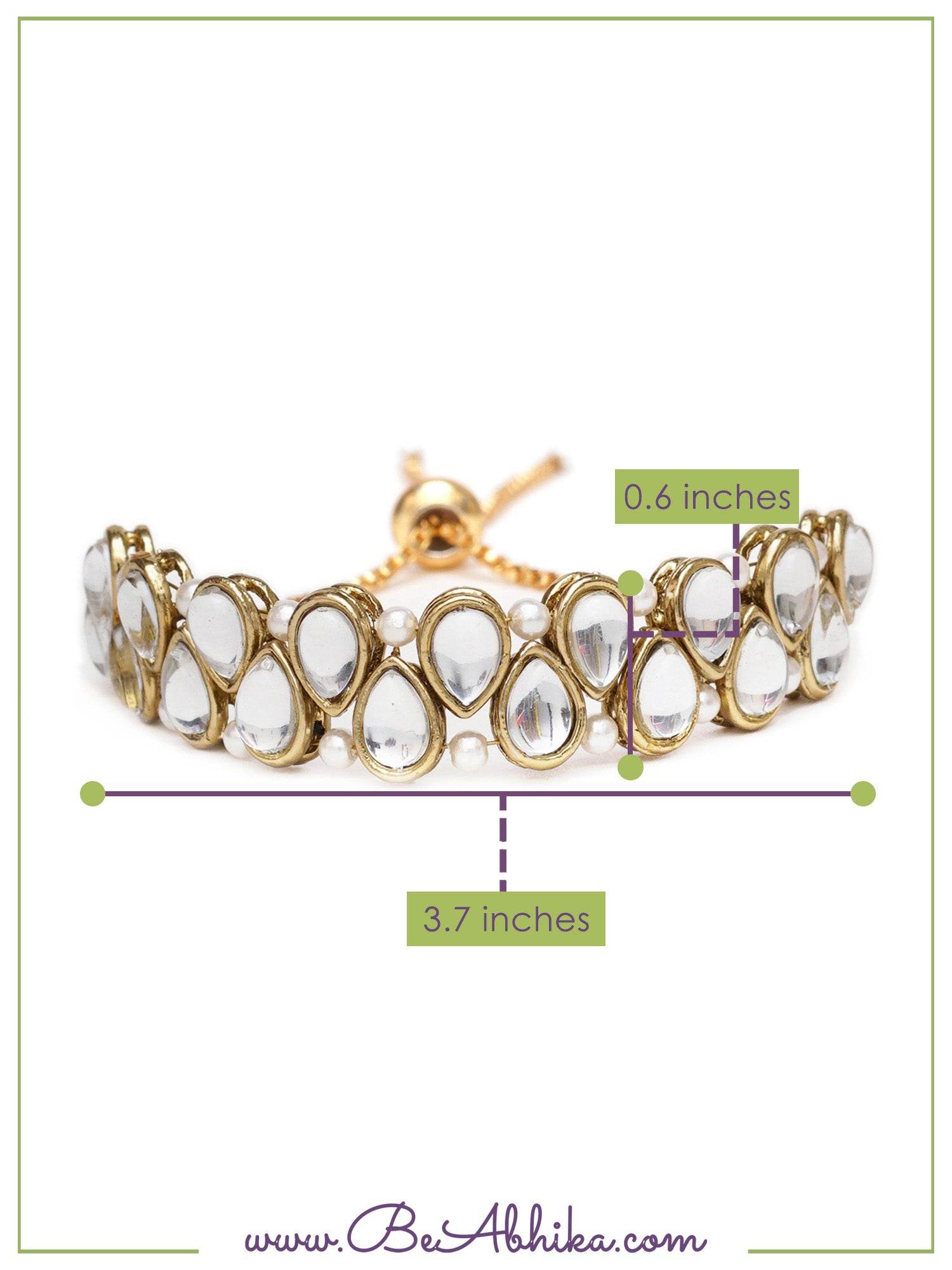 Golden Double Layer Tilak Kundan With White Pearls Adjustable Bracelet - BeAbhika.com