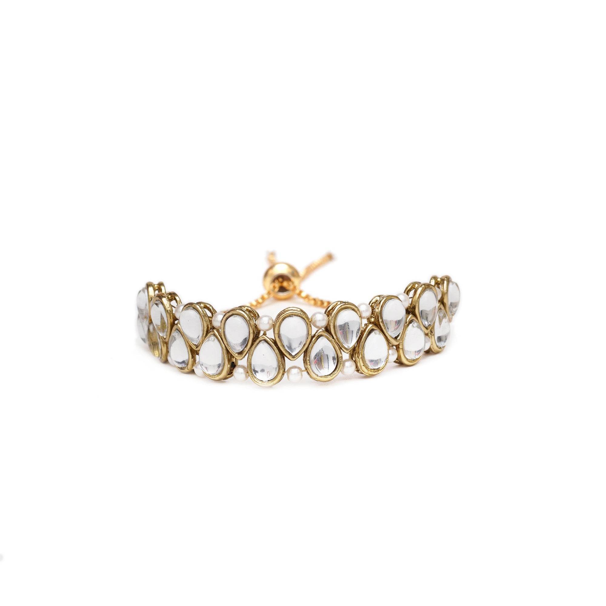 Golden Double Layer Tilak Kundan With White Pearls Adjustable Bracelet - BeAbhika.com