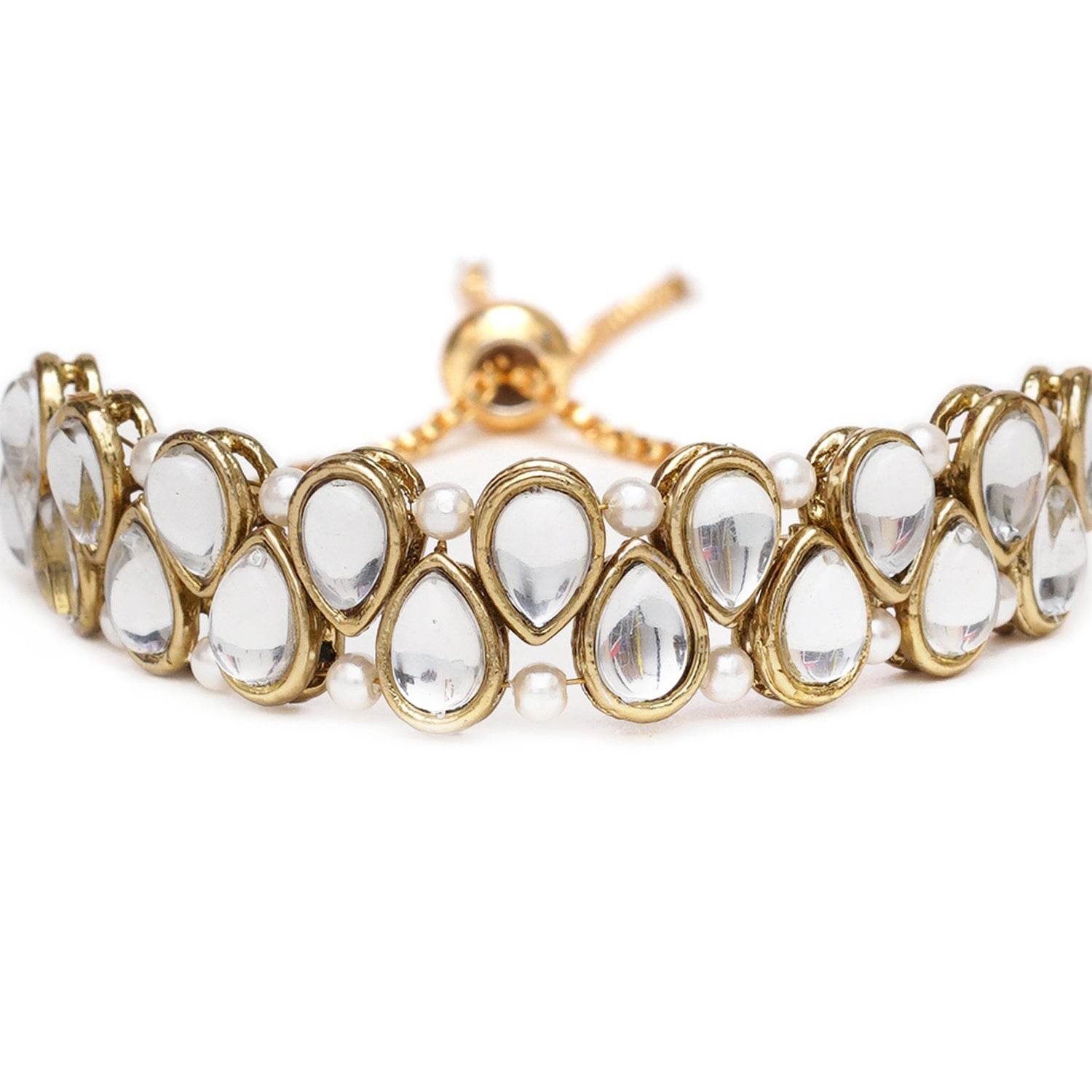 Golden Double Layer Tilak Kundan With White Pearls Adjustable Bracelet - BeAbhika.com