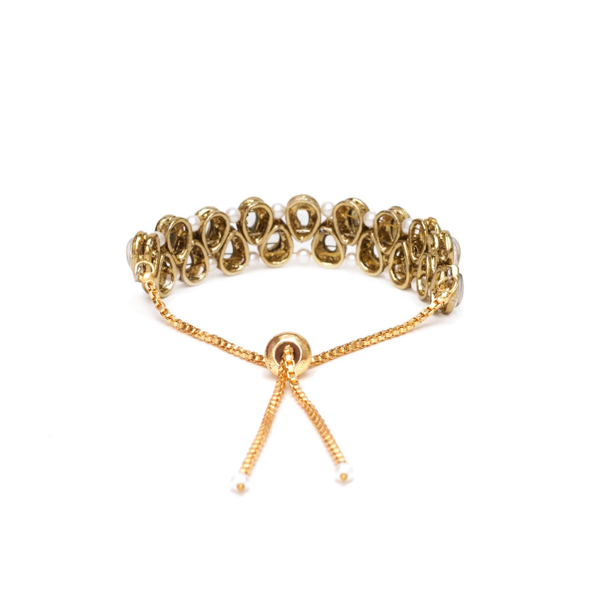 Golden Double Layer Tilak Kundan With White Pearls Adjustable Bracelet - BeAbhika.com
