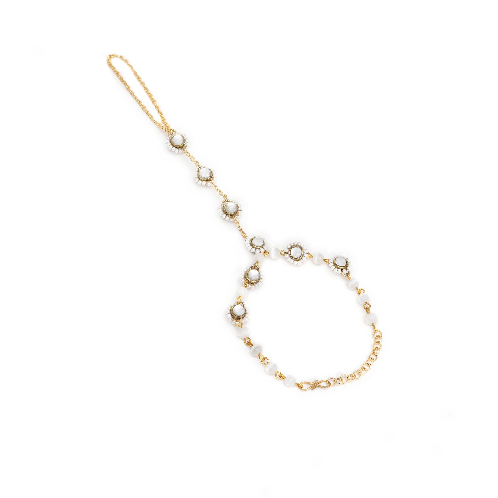 Golden Round Kundan With White Pearls Adjustable Hathphool Bracelet - BeAbhika.com