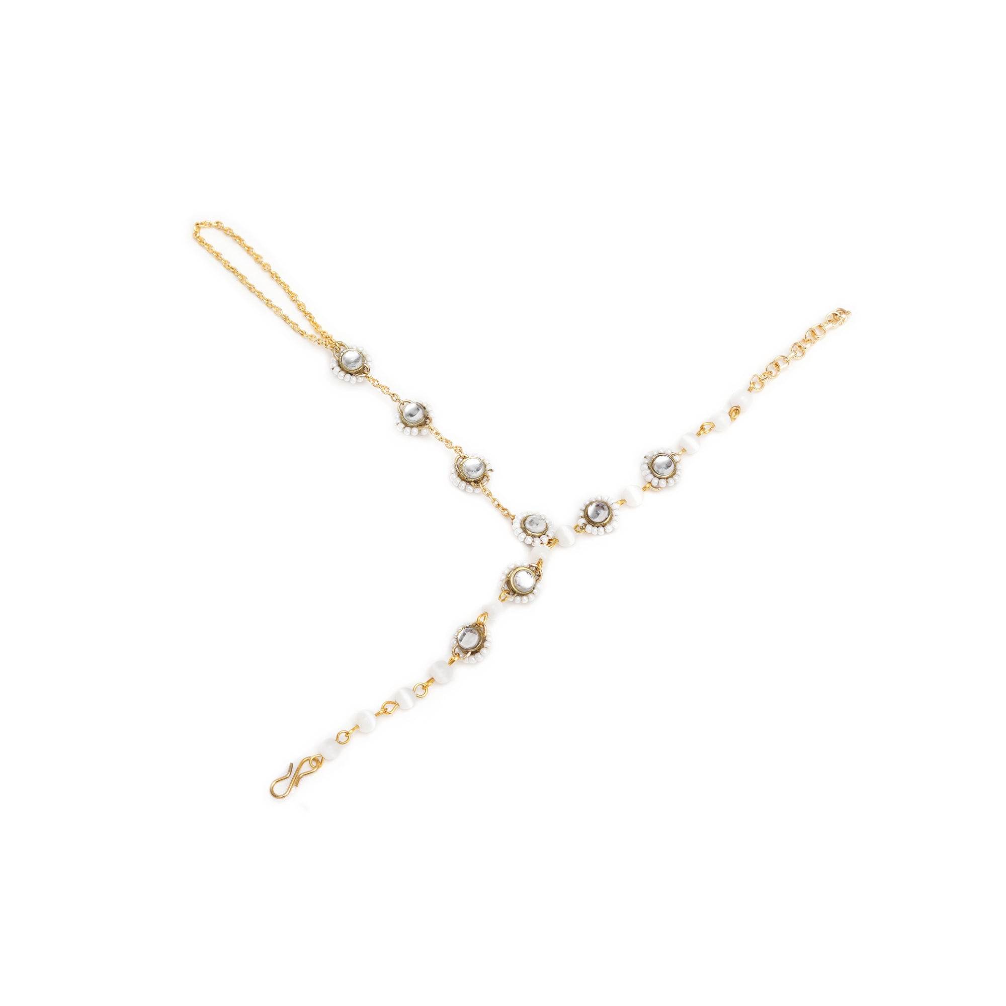 Golden Round Kundan With White Pearls Adjustable Hathphool Bracelet - BeAbhika.com