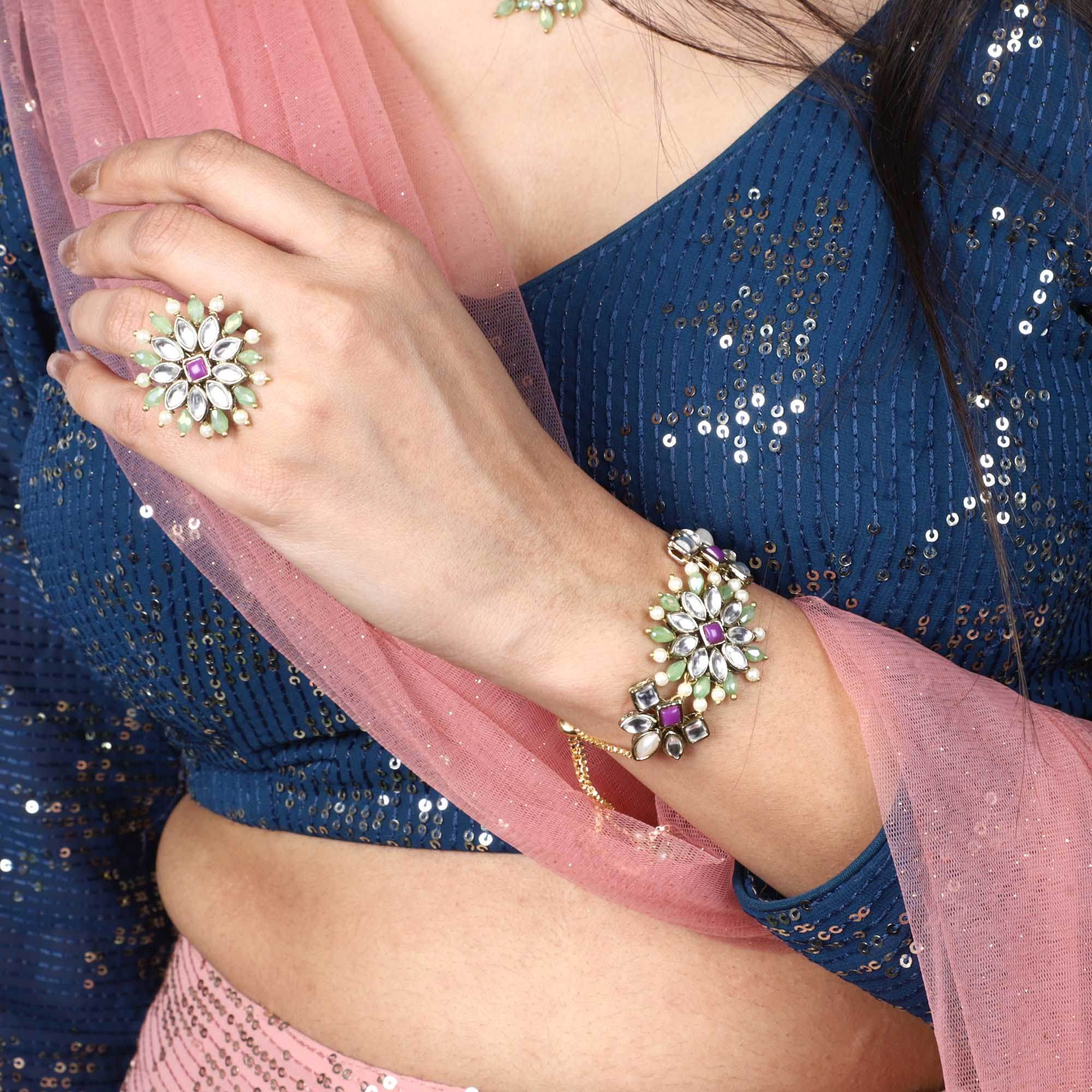 Pearl Twirl Ful Set With Long Haar, Choker, Ring, Maangtikka, Bracelet & Earrings - BeAbhika.com