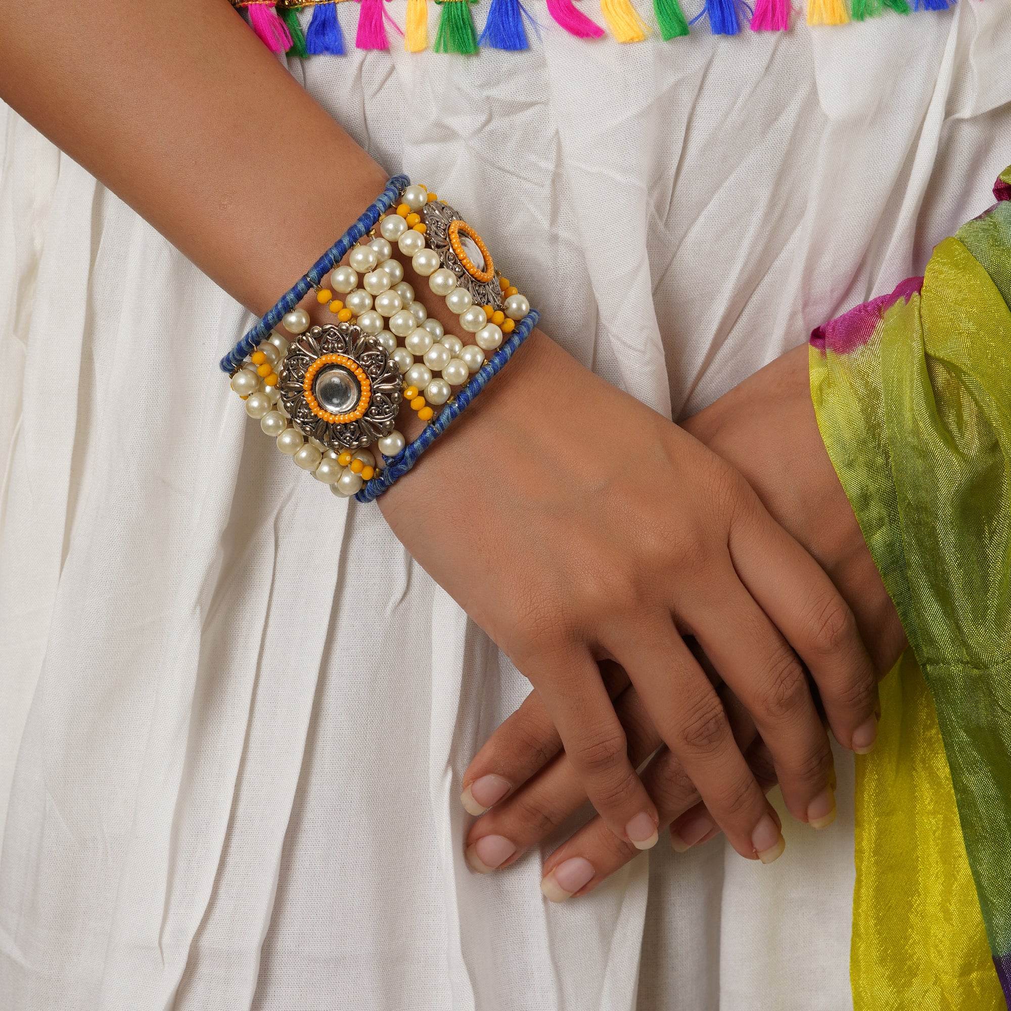 Vintage Look Pearl and Beaded Bangle - BeAbhika.com