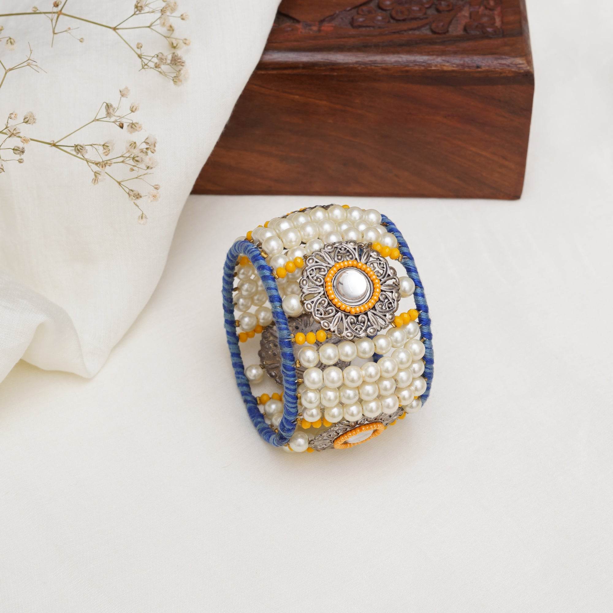 Vintage Look Pearl and Beaded Bangle - BeAbhika.com