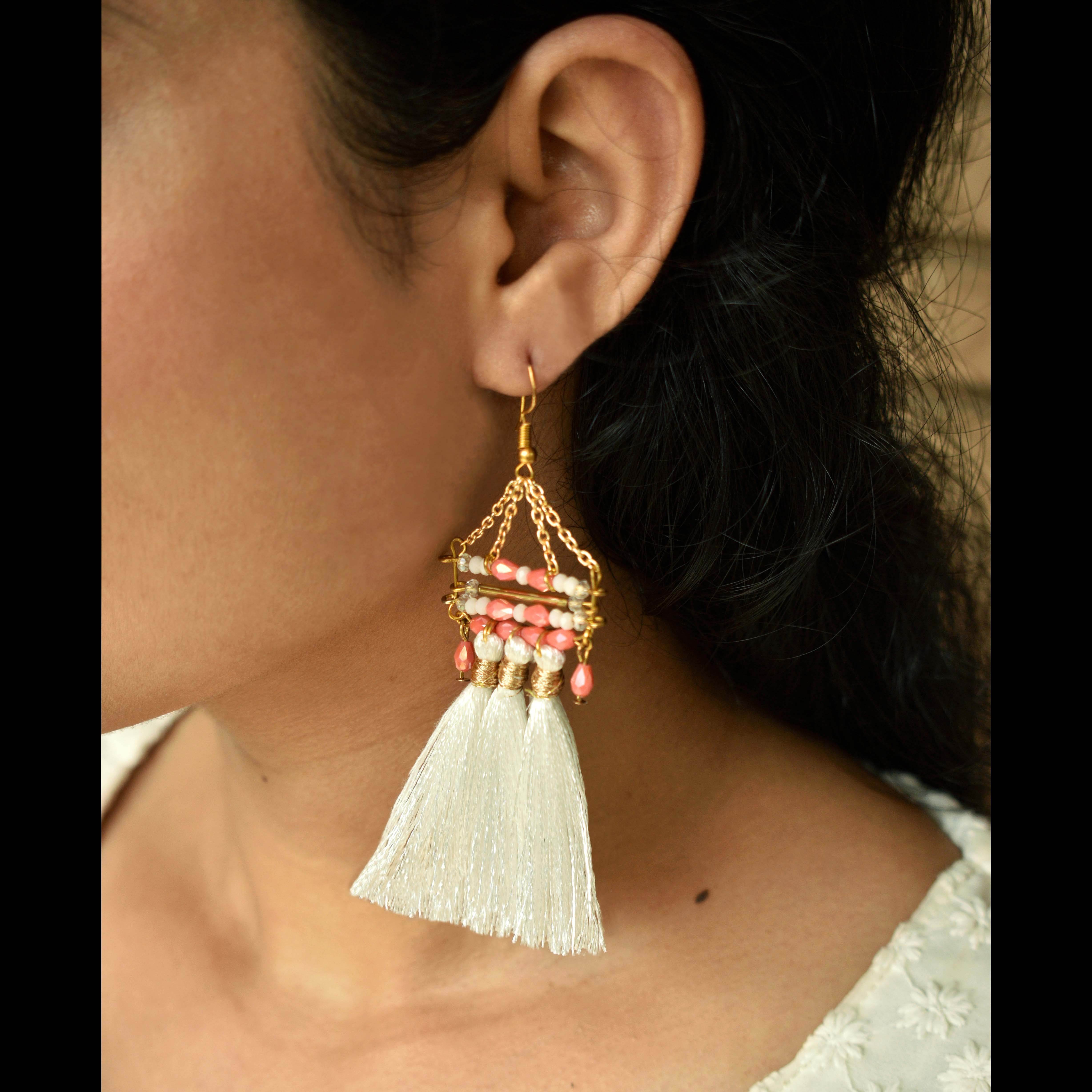 White Misty Tassel Earrings - BeAbhika.com
