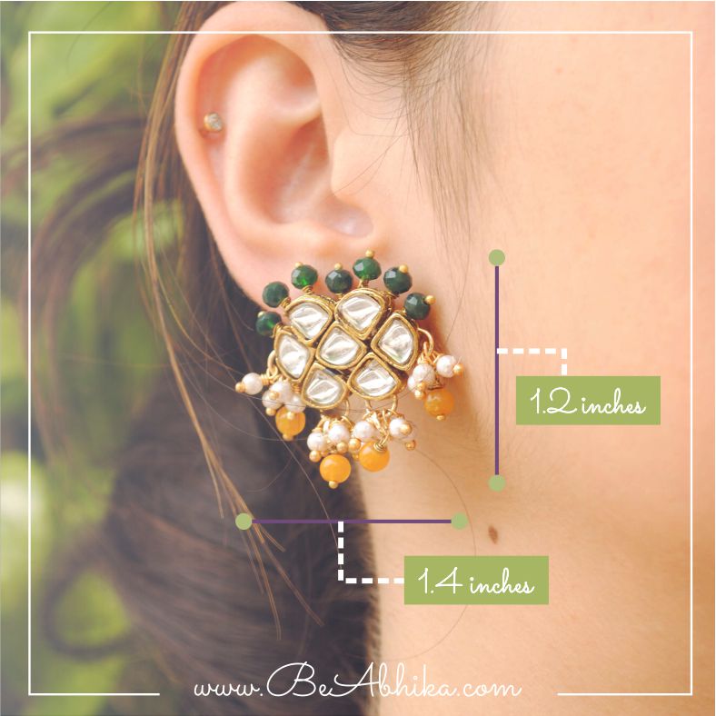 Beabhika Handmade Artificial Jewelry Green Color Kundan Studs Orange Color Kundan Small Earrings Daily Wear Unique Style Jewelry Traditional Heeramandi Style Jewelry Available On COD In India Handmade Honeycomb Style Kundan Earrings 