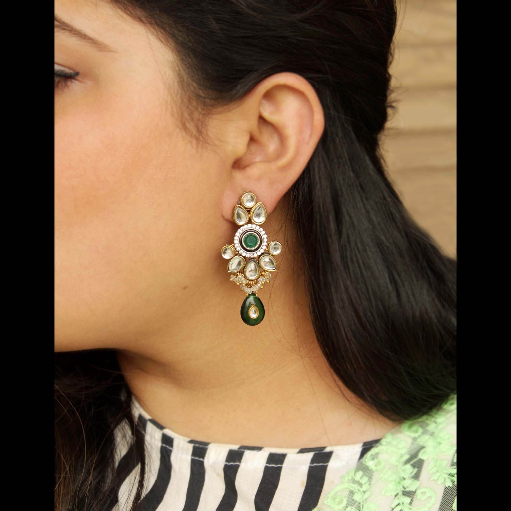 Green Kundan Amore Ring And Earrings Set - BeAbhika.com