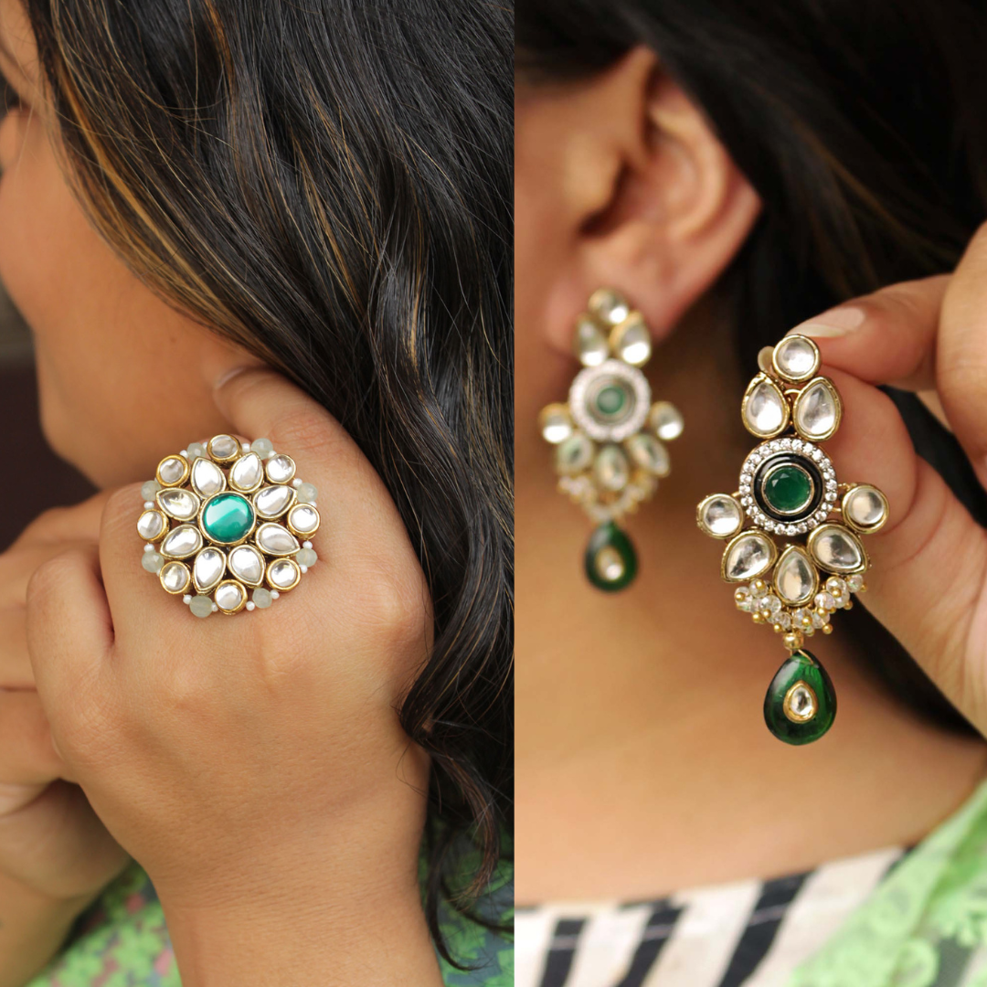 Green Kundan Amore Ring And Earrings Set