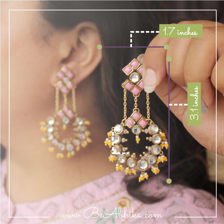 Beabhika Kundan Chandbali Yellow Earrings Pink Color Kundan Hoops Dangling Earrings Traditional Kundan Jewelry For Girls Daily Wear Party Wear Matching With Ehtnic Dress Kurti Suit Saree Jewelry Bridal Jewelry Online Cash On Delivery