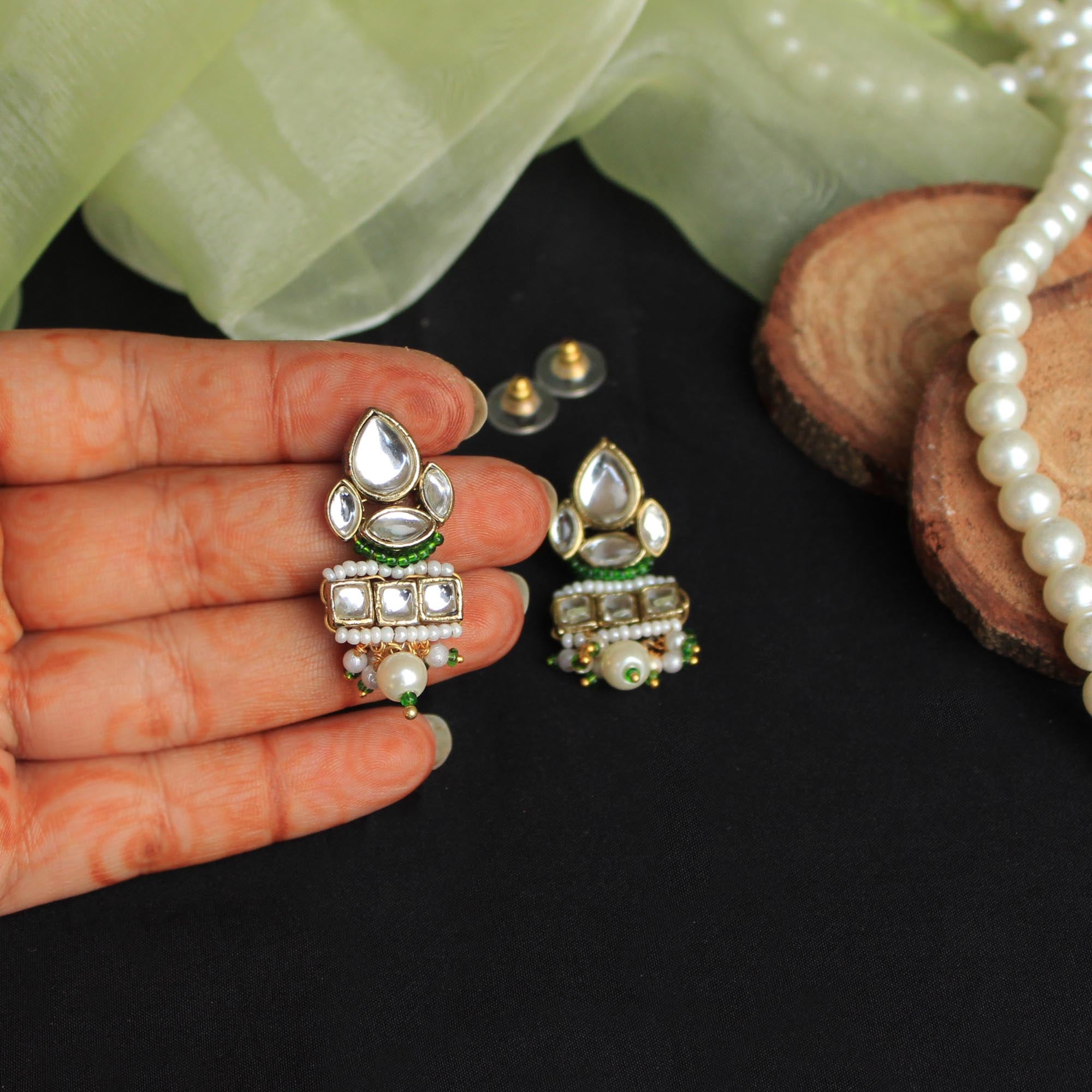 Beabhika Handmade Green Artificial Jewelry Kundan Earrings Golden Earrings With Matching Ring Pearls Kundan Wedding Jewelry Trendy Earrings Daily Wear Party Wear Traditional Ethnic Dress Jewelry Earrings Bridal Jewelry Set Online Cash On Delivery Value Saver Combo Jewelry Set Cheap Price