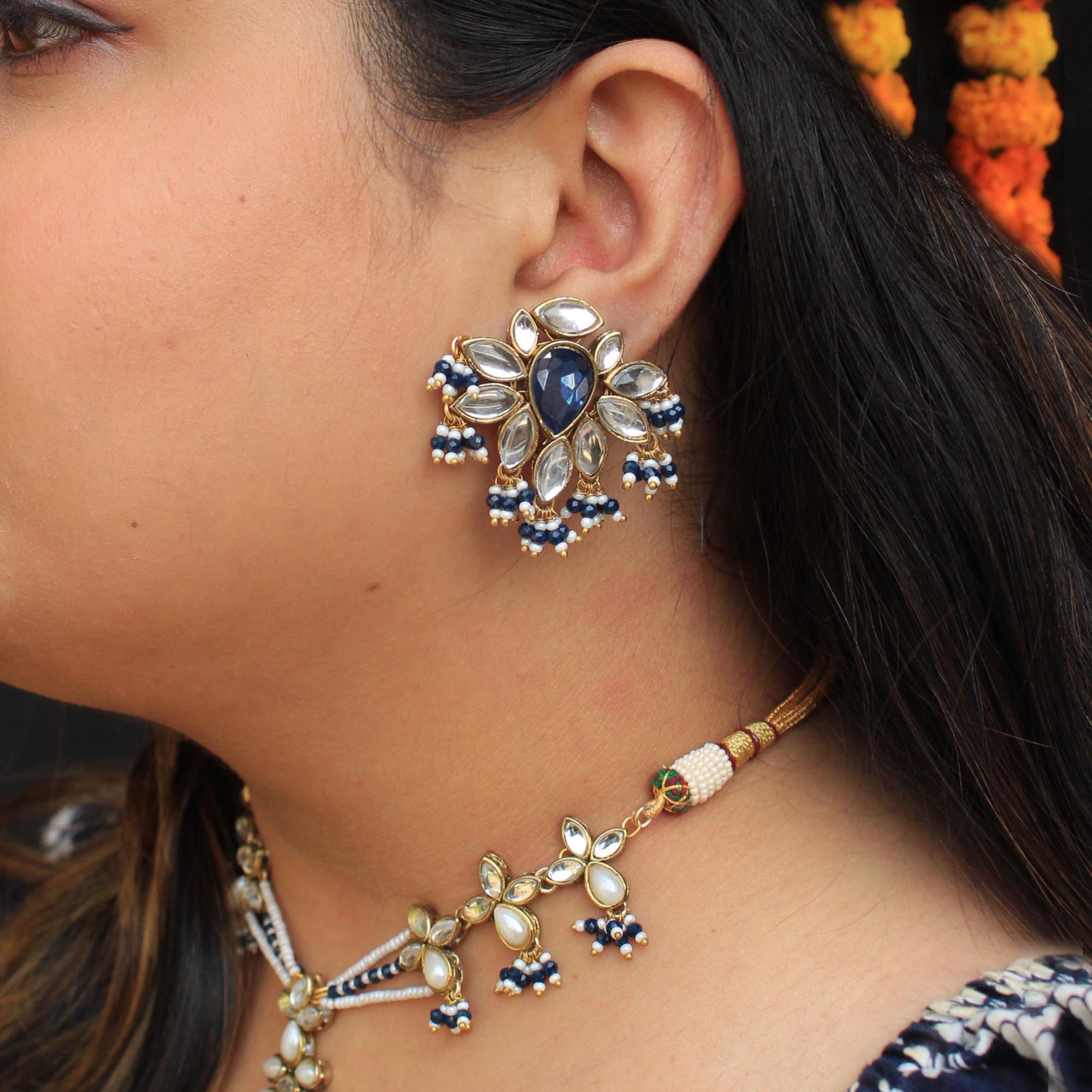 Beabhika Handmade Artificial Jewelry Blue Kundan Earrings Blue Color Beads Heavy Kundan Earrings Available On COD In India Traditional Heeramandi Style Jewelry Stylish Ethnic Dress Matching Earrings Handmade Fashion Statement Earrigns Matching With Suit Saree Frok Skirt Dress Party Wear