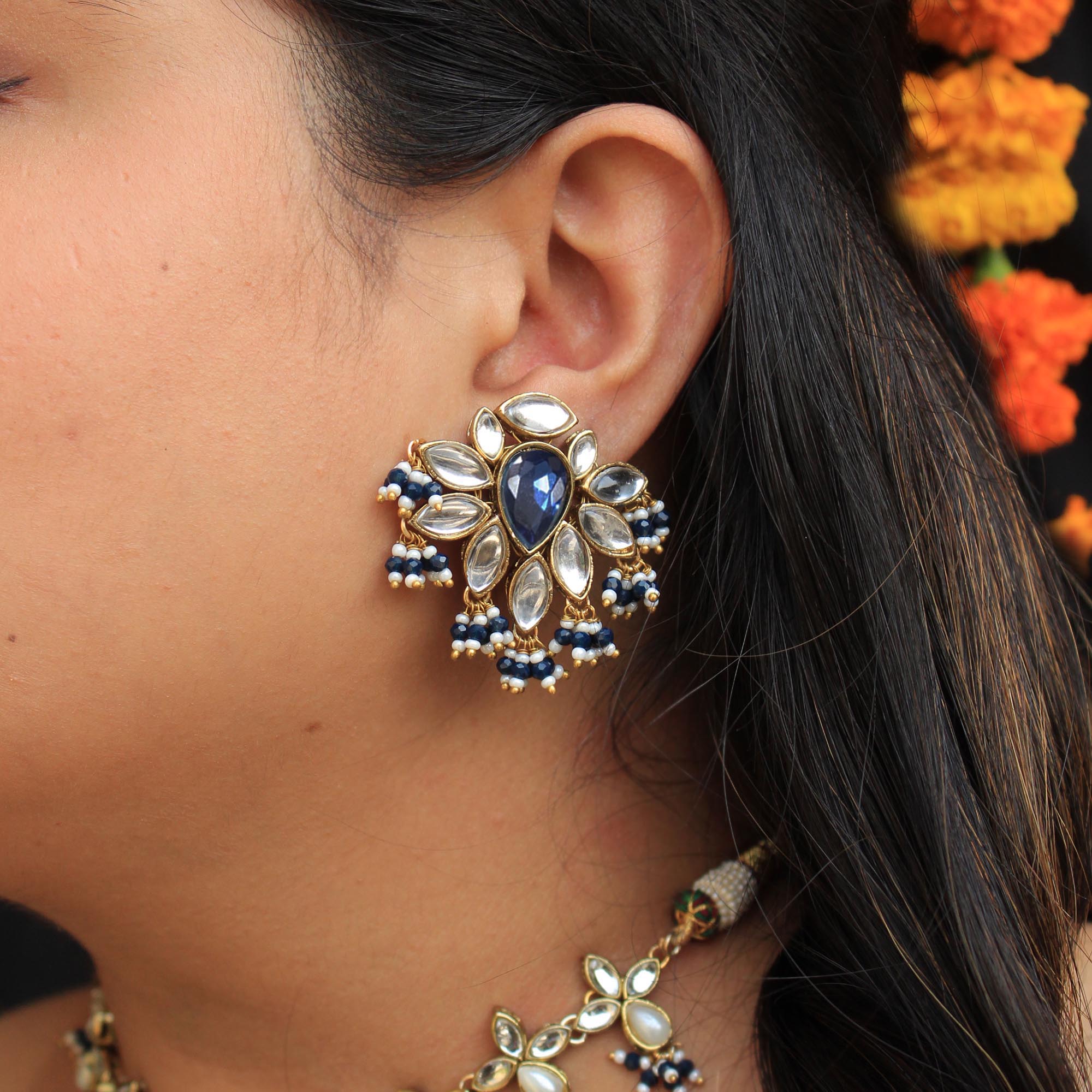 Beabhika Handmade Artificial Jewelry Blue Kundan Earrings Blue Color Beads Heavy Kundan Earrings Available On COD In India Traditional Heeramandi Style Jewelry Stylish Ethnic Dress Matching Earrings Handmade Fashion Statement Earrigns Matching With Suit Saree Frok Skirt Dress Party Wear