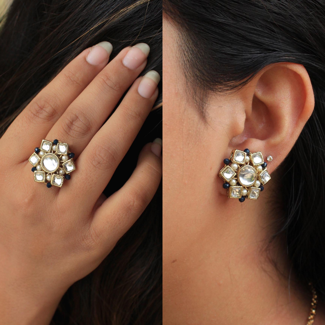Kundan Blossom Ring & Earring Set