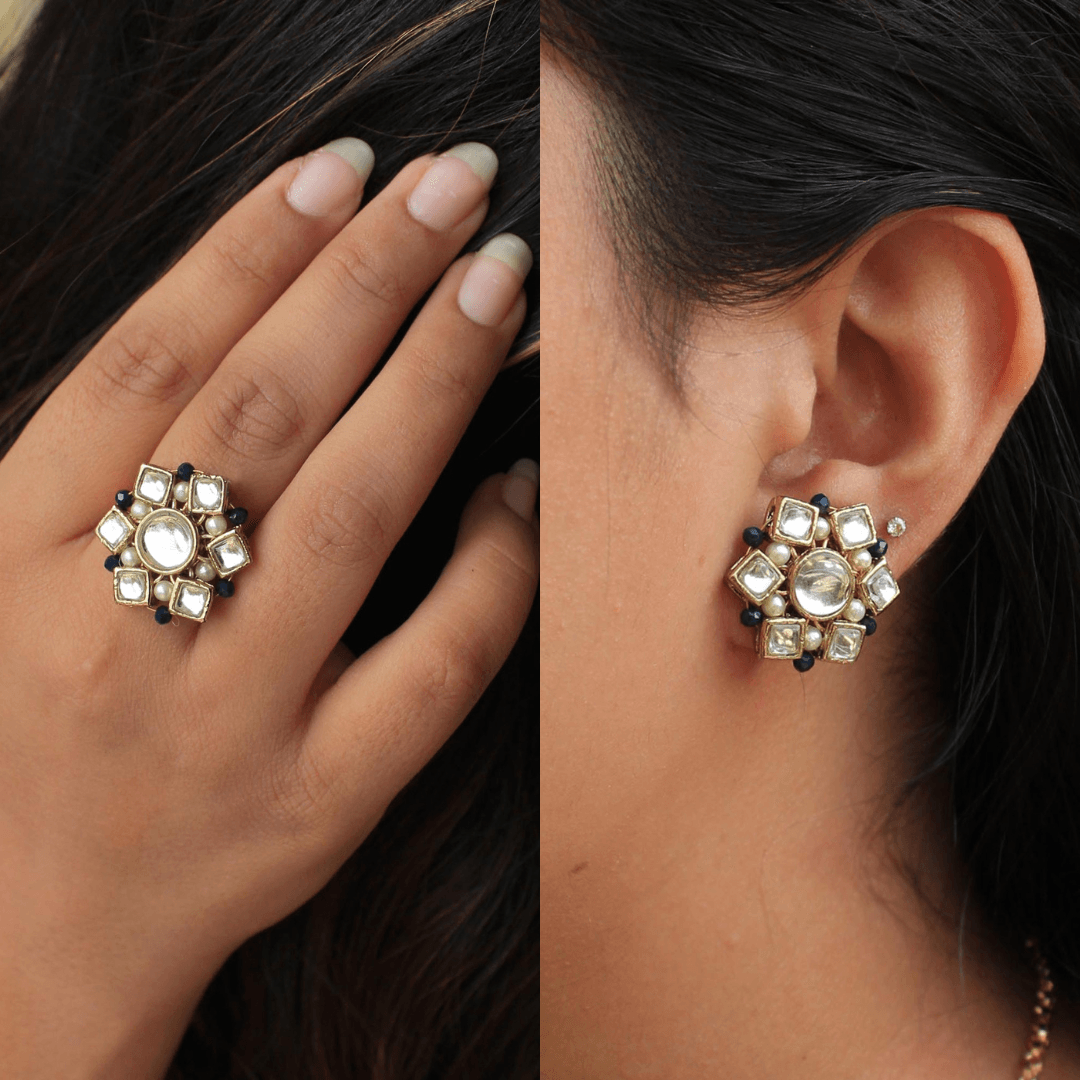 Kundan Blossom Ring & Earring Set - BeAbhika.com