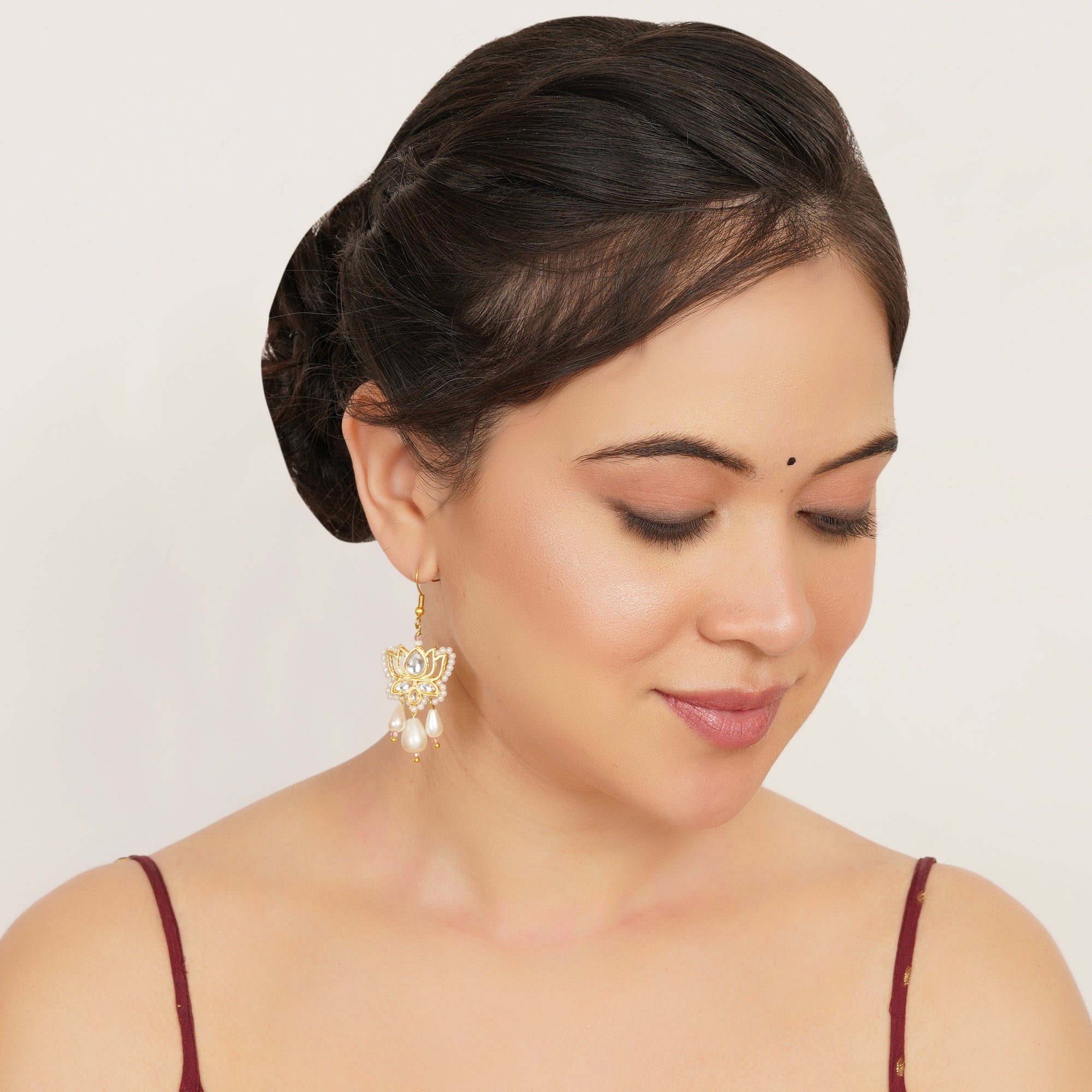 Kundan Lotus Pearl Drop Earrings