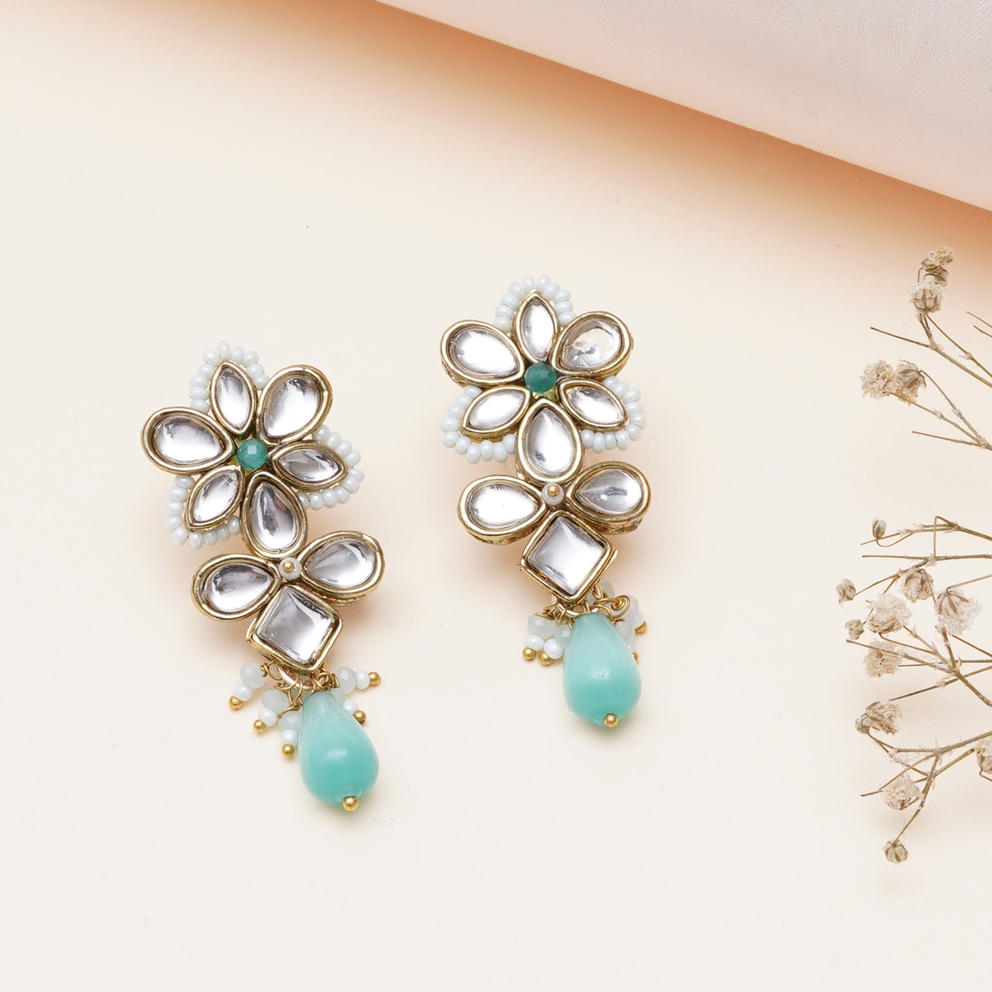 The Floral Grace Kundan & Mint Drop Earrings