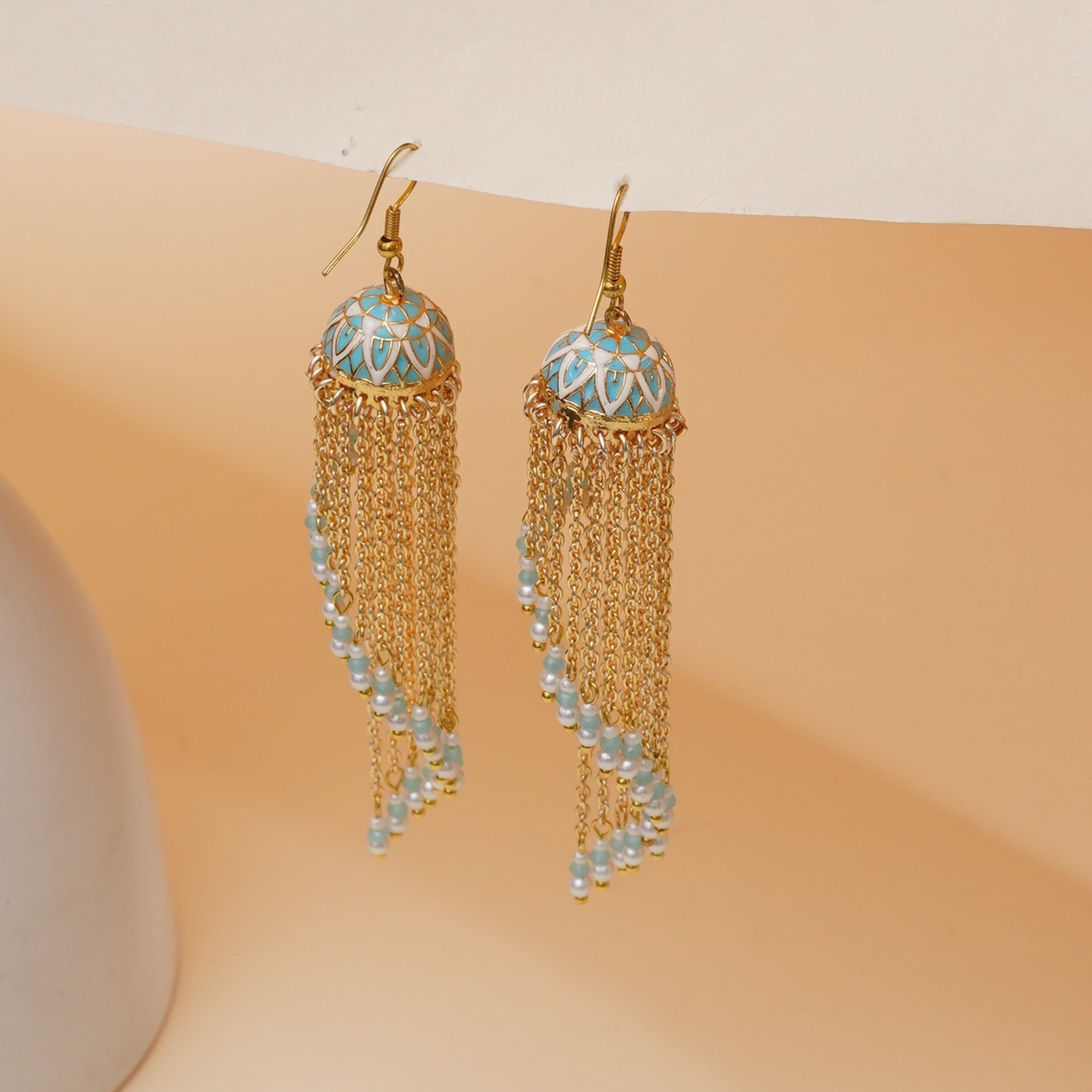 Meenakari Jhumkas with Cascading Bead Strands Earrings