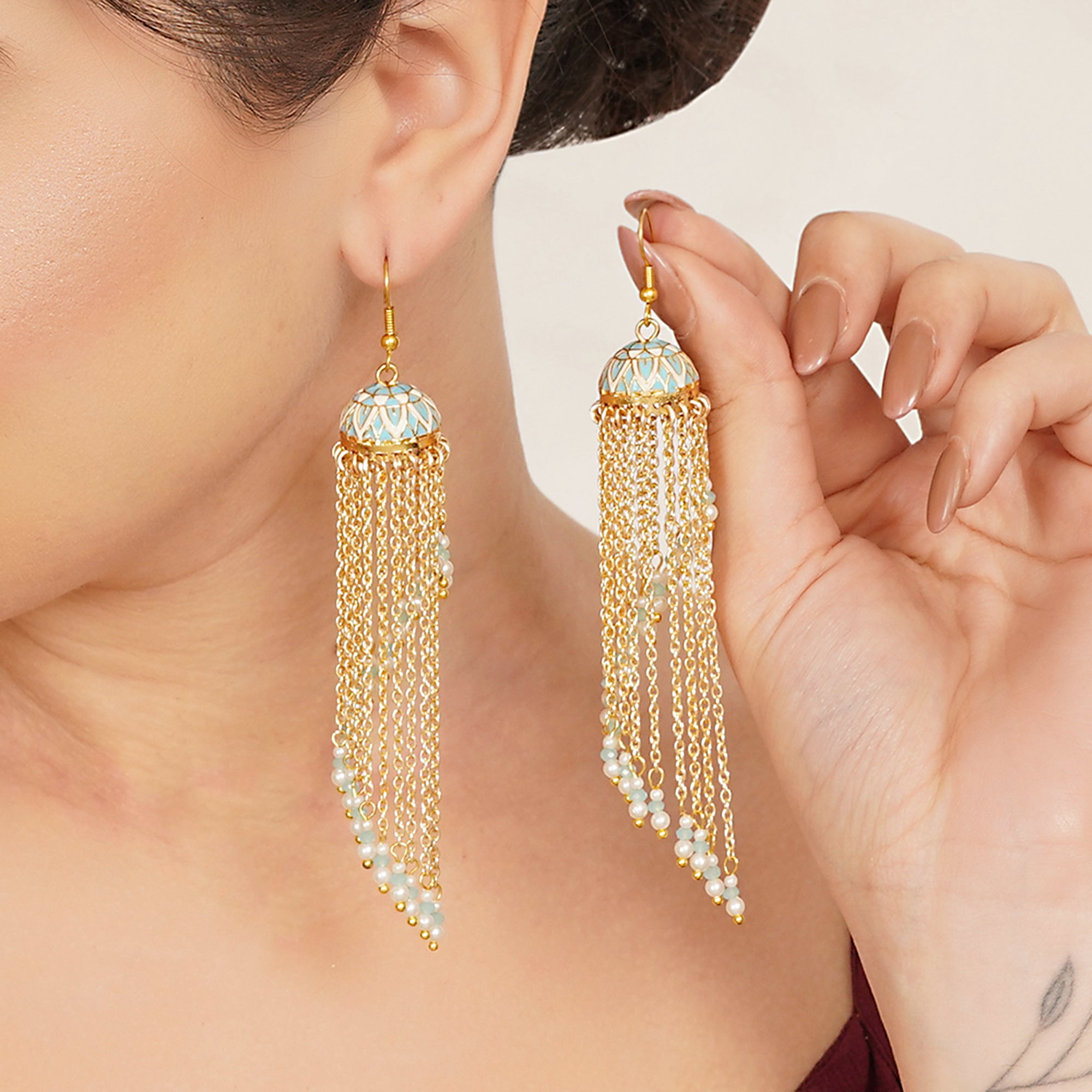 Meenakari Jhumkas with Cascading Bead Strands Earrings