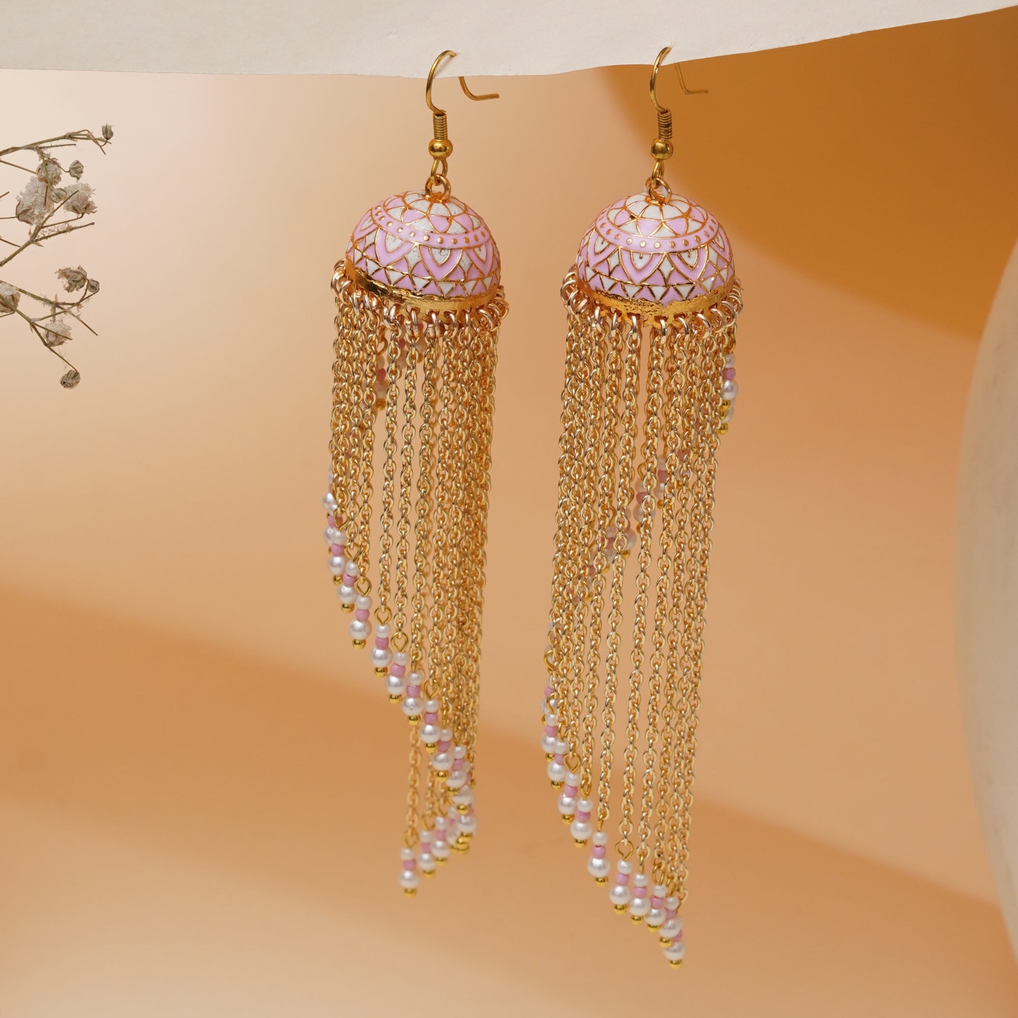 Meenakari Jhumkas with Cascading Bead Strands Earrings