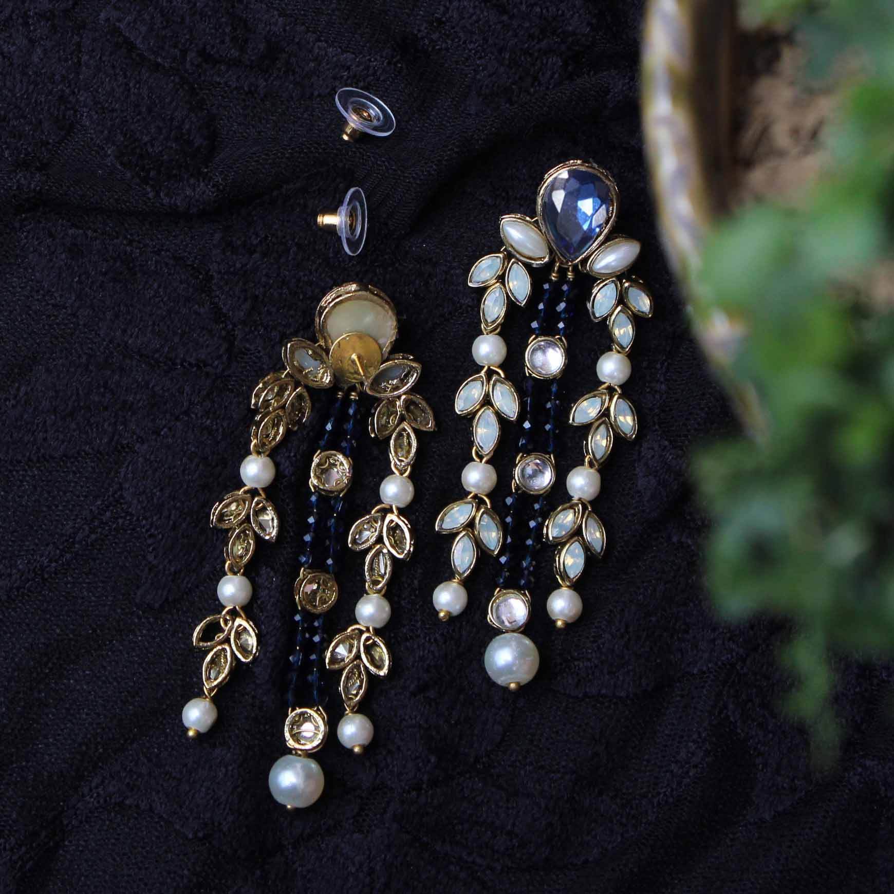 Blue Hues Full Set With Choker, Long Necklace, Earrings, Bracelet & 2 Rings - BeAbhika.com
