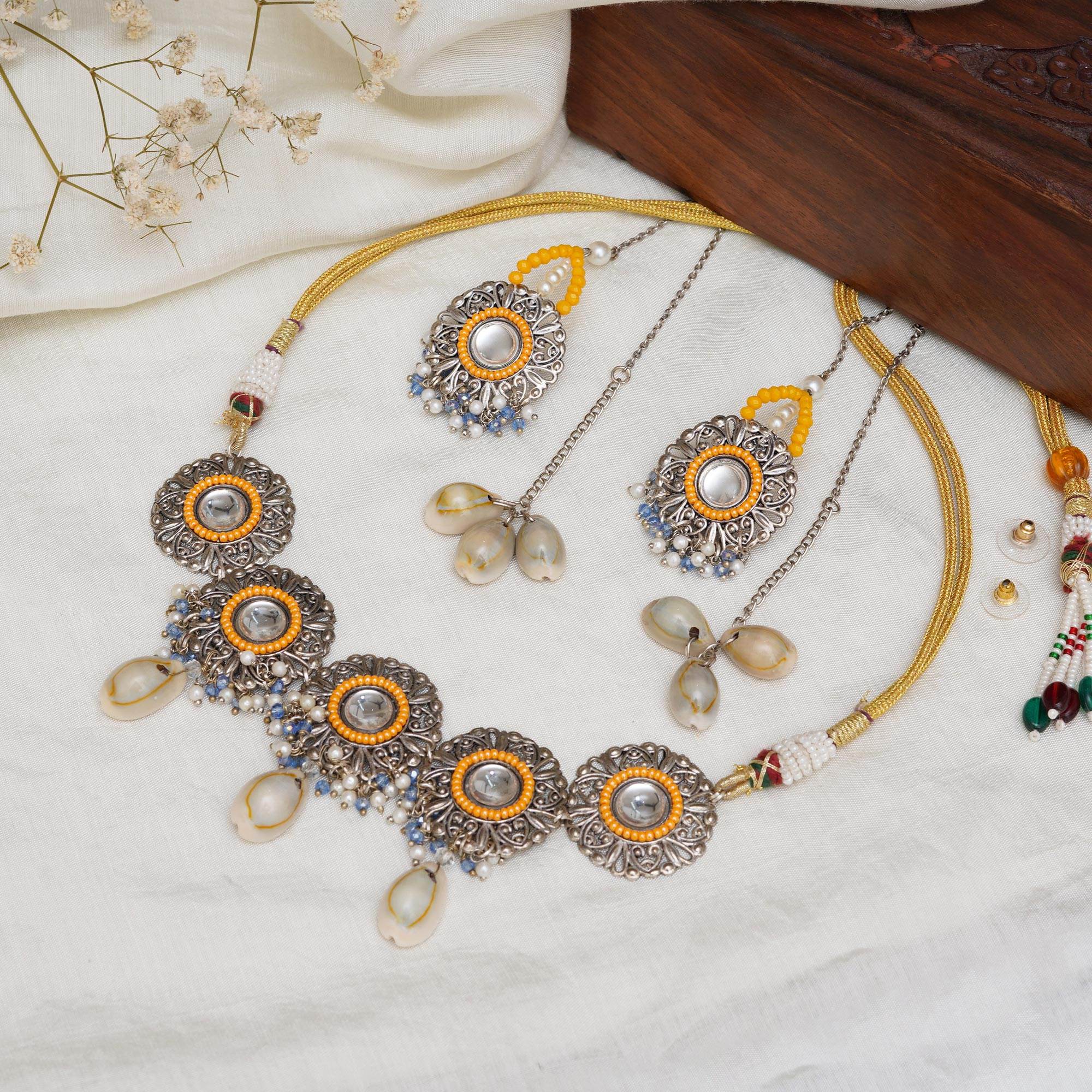 Boho-Inspired Complete Kundan Jewelry Set with Bangle,Necklace, Waistbelt, and Earrings - BeAbhika.com