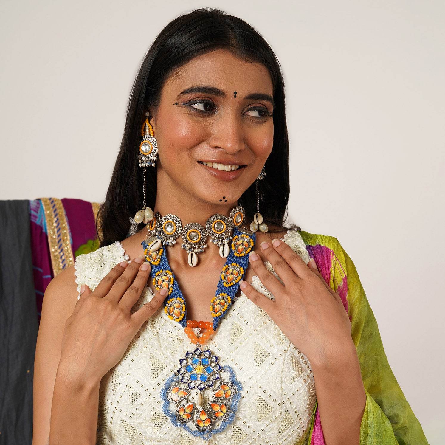 Boho-Inspired Complete Kundan Jewelry Set with Bangle,Necklace, Waistbelt, and Earrings - BeAbhika.com