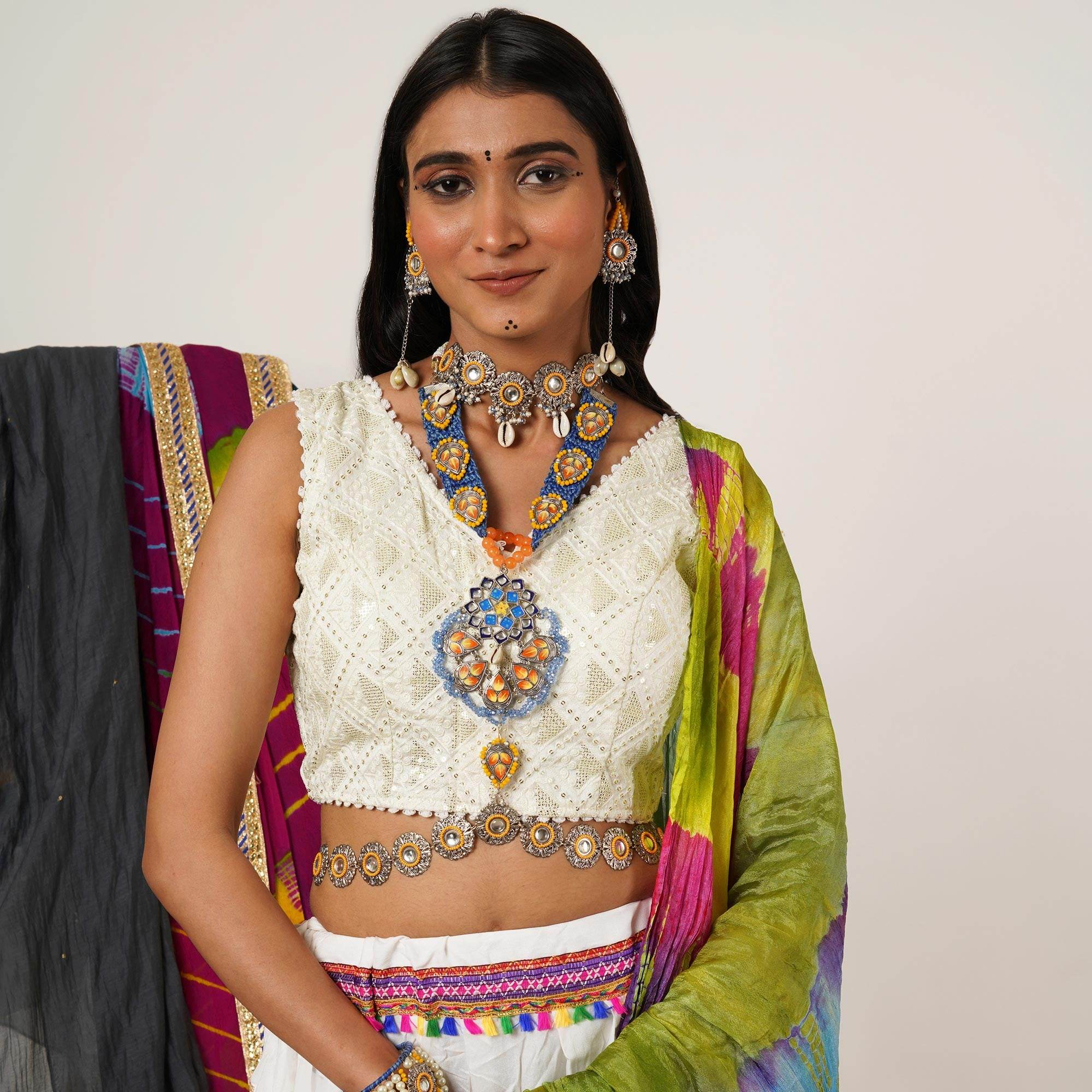 Boho-Inspired Complete Kundan Jewelry Set with Bangle,Necklace, Waistbelt, and Earrings - BeAbhika.com