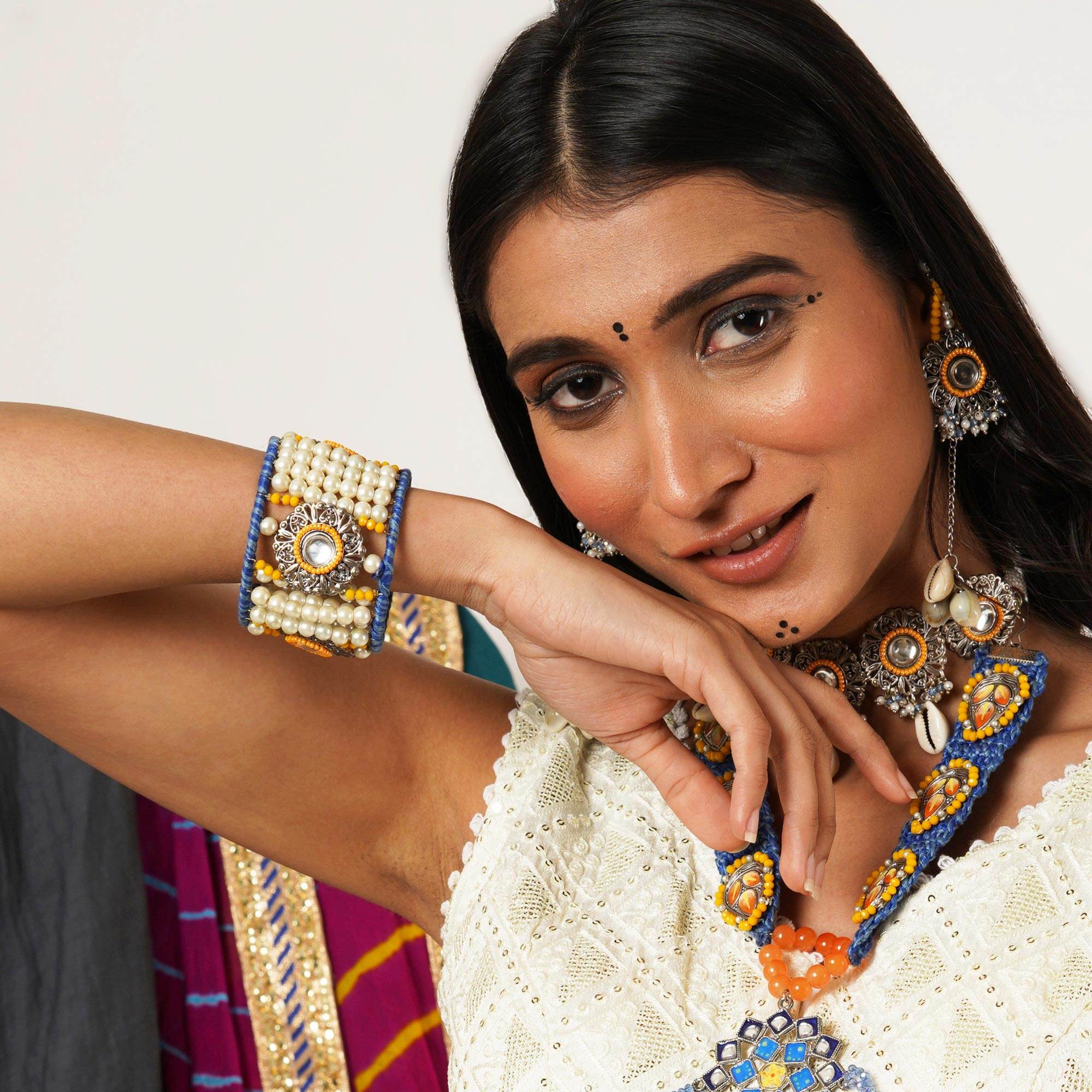 Boho-Inspired Complete Kundan Jewelry Set with Bangle,Necklace, Waistbelt, and Earrings - BeAbhika.com