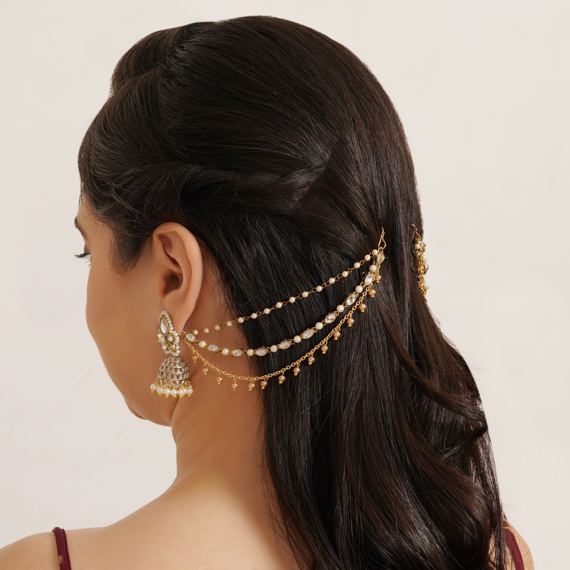 Kundan Pearl Layered Hair Chain with Golden Drops